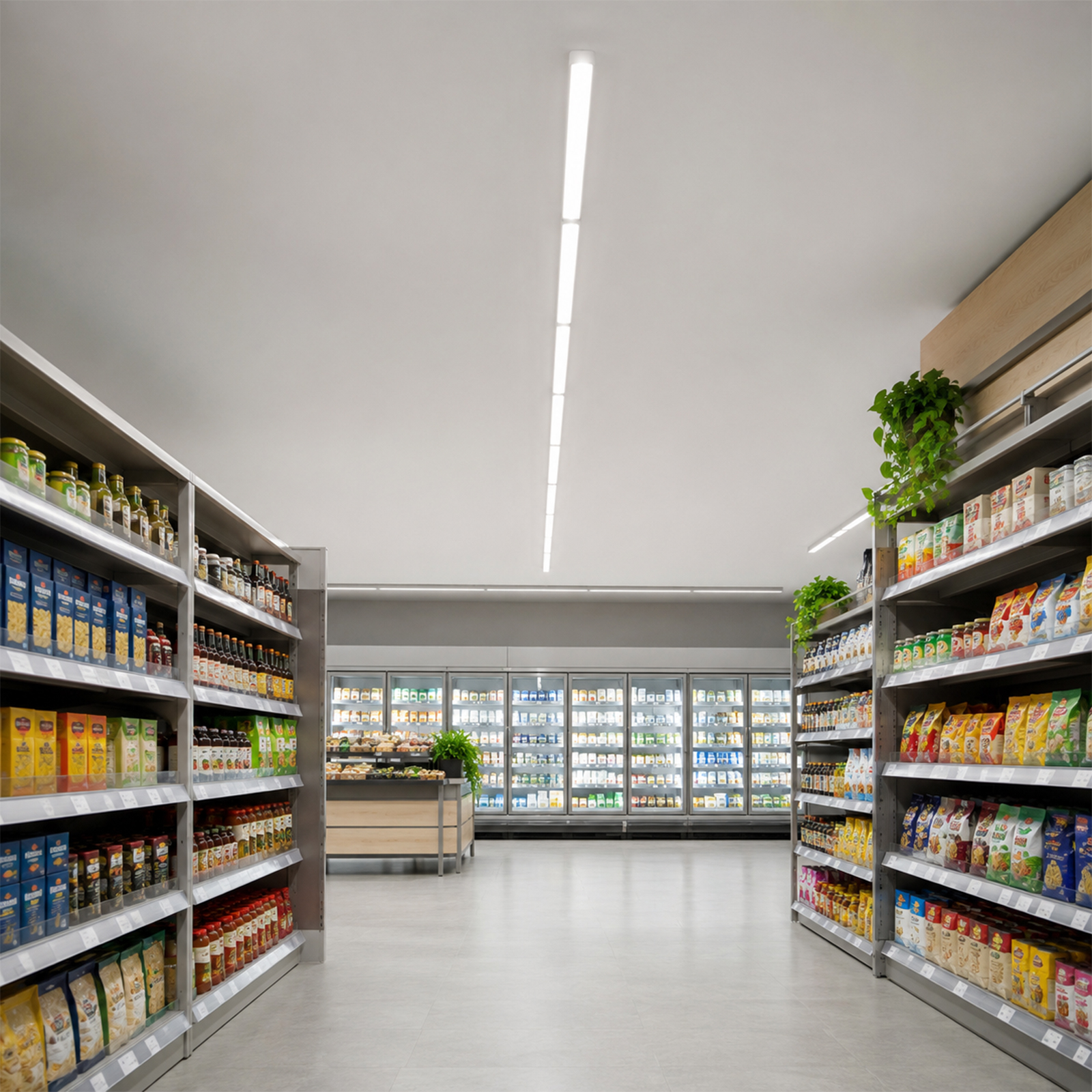 Un pasillo de supermercado con estantes llenos de comida y refrigeradores.