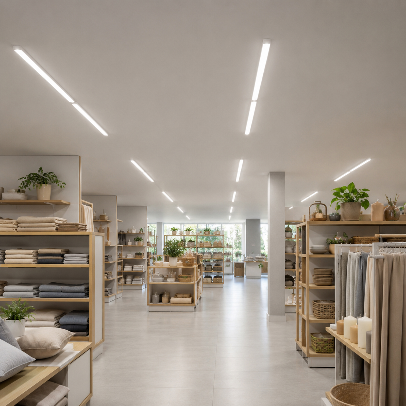 Interior de una tienda con estantes exhibiendo textiles y plantas.