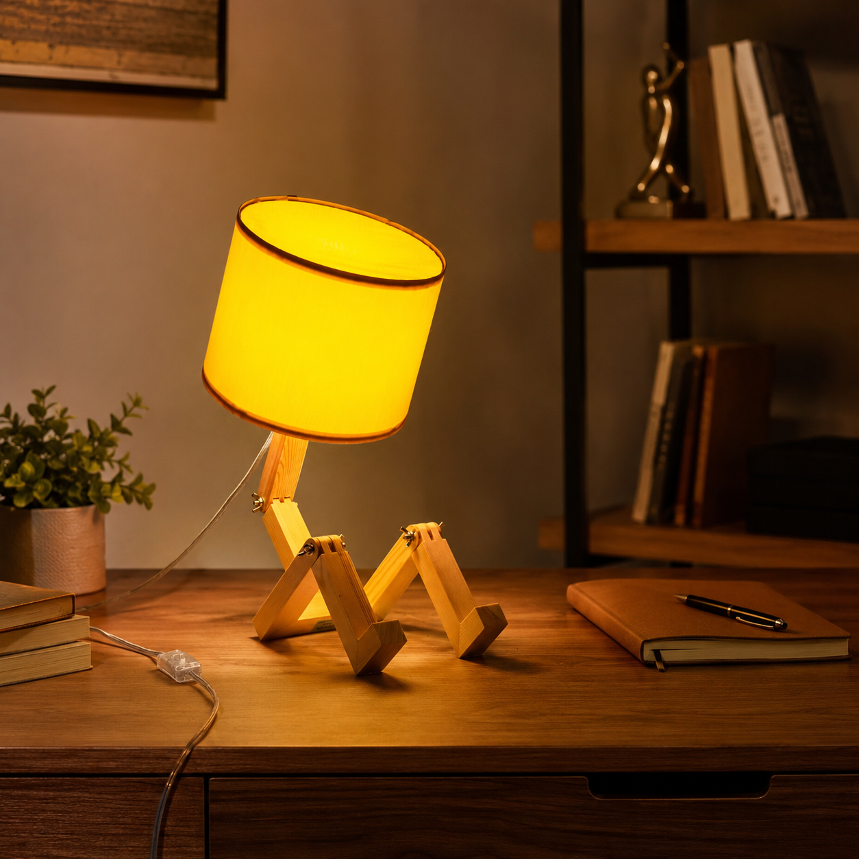Una lámpara amarilla con forma de hombre está sobre un escritorio junto a libros y una planta.
