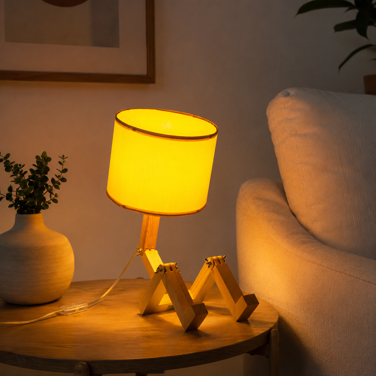 Una lámpara amarilla con forma de figura de madera se sienta en una mesa redonda de madera.