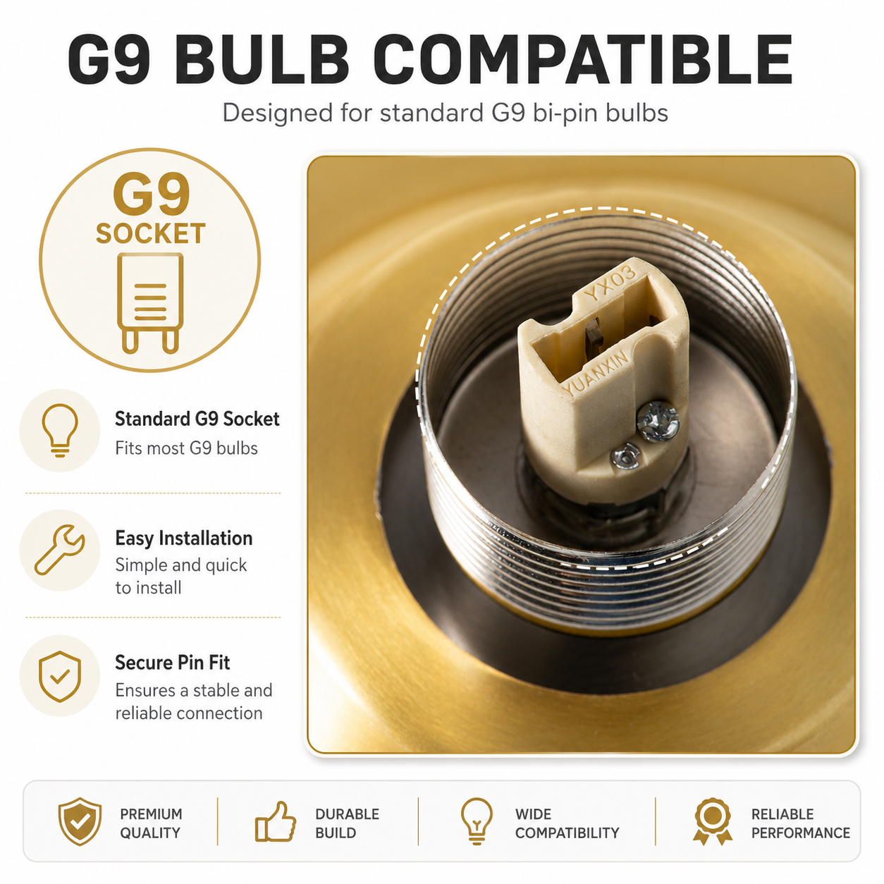 Casquillo G9: compatible, fácil instalación, ajuste seguro. Características: calidad premium, construcción duradera, amplia compatibilidad, rendimiento fiable.