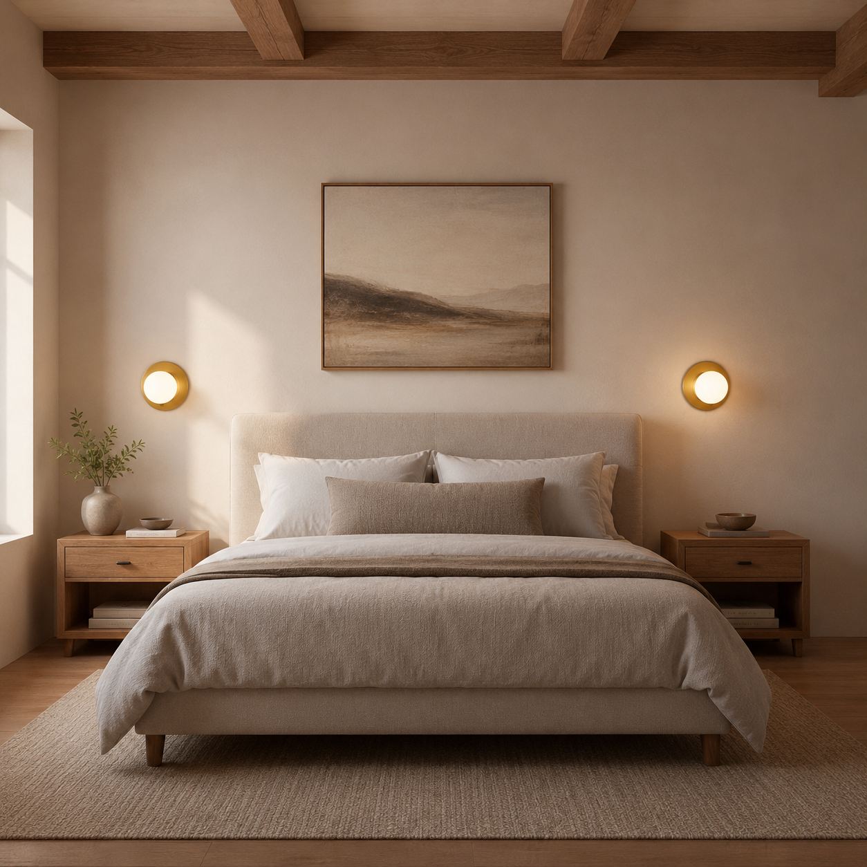 Un dormitorio con una cama grande, mesitas de noche y una obra de arte en la pared.