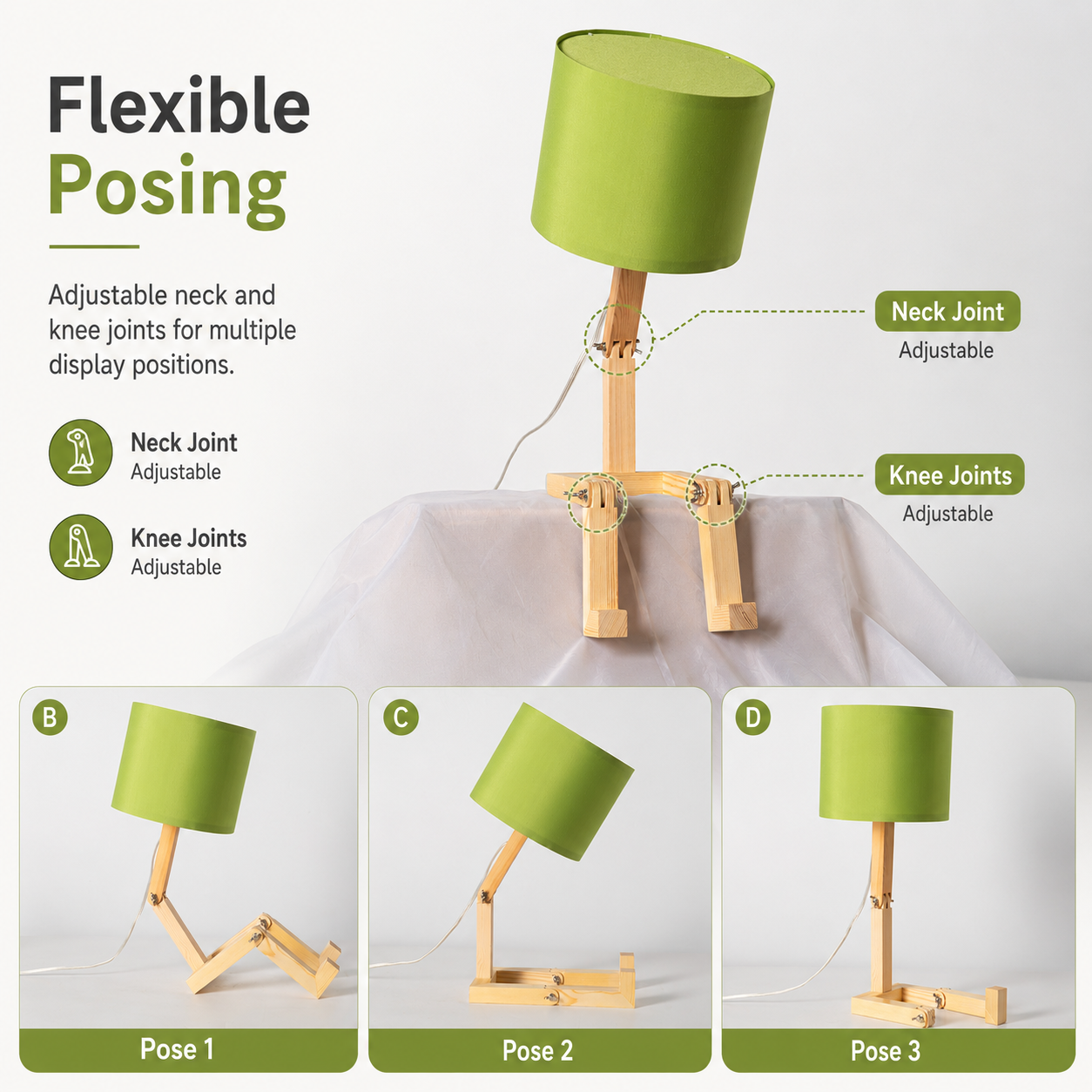 Lámpara de madera con pantalla verde en tres poses, mostrando cuello y rodillas ajustables.