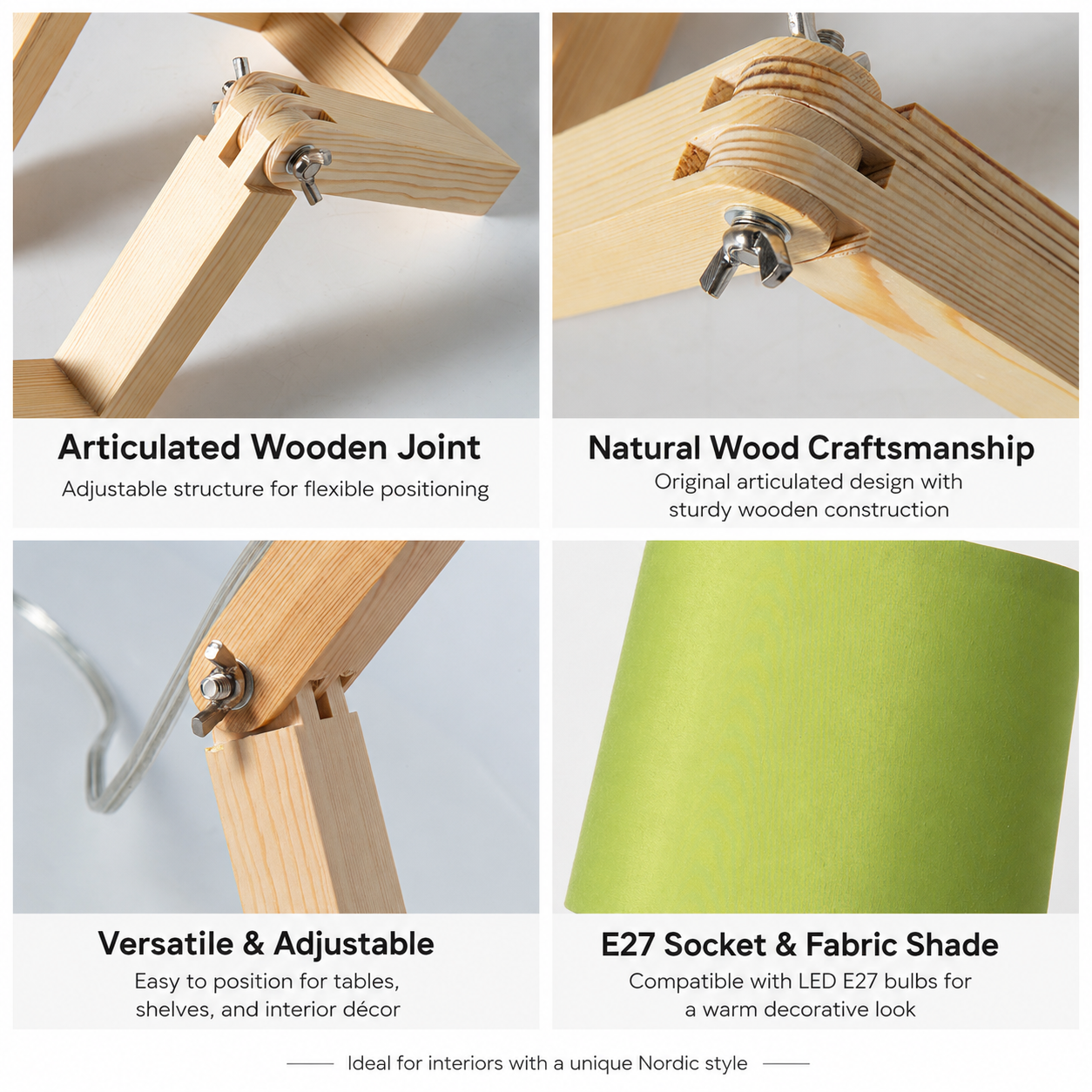 Lámpara articulada de madera con brazos ajustables y pantalla de tela verde.