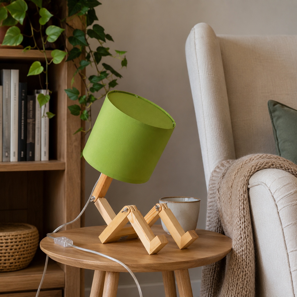 Una lámpara verde con base de madera está sobre una mesita auxiliar junto a un sillón.