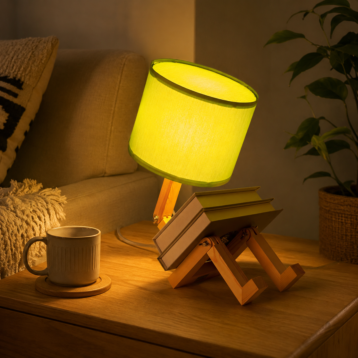 Una mesita de noche con una lámpara amarilla encendida, un soporte para libros y una taza.