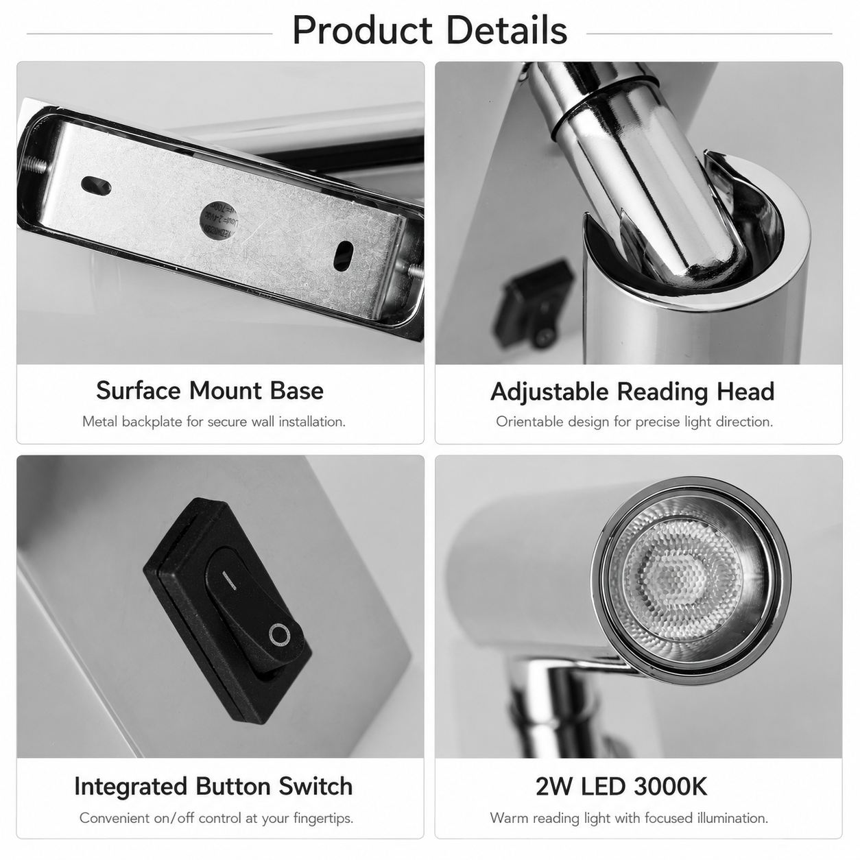 Descripción general de detalles del producto con cuatro imágenes: base, cabezal, interruptor y LED.