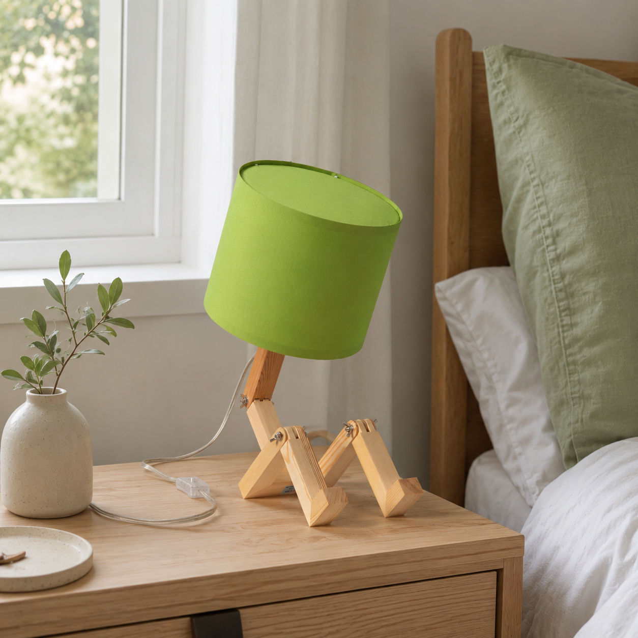 Una lámpara verde con base articulada de madera está en una mesita de noche junto a una cama.