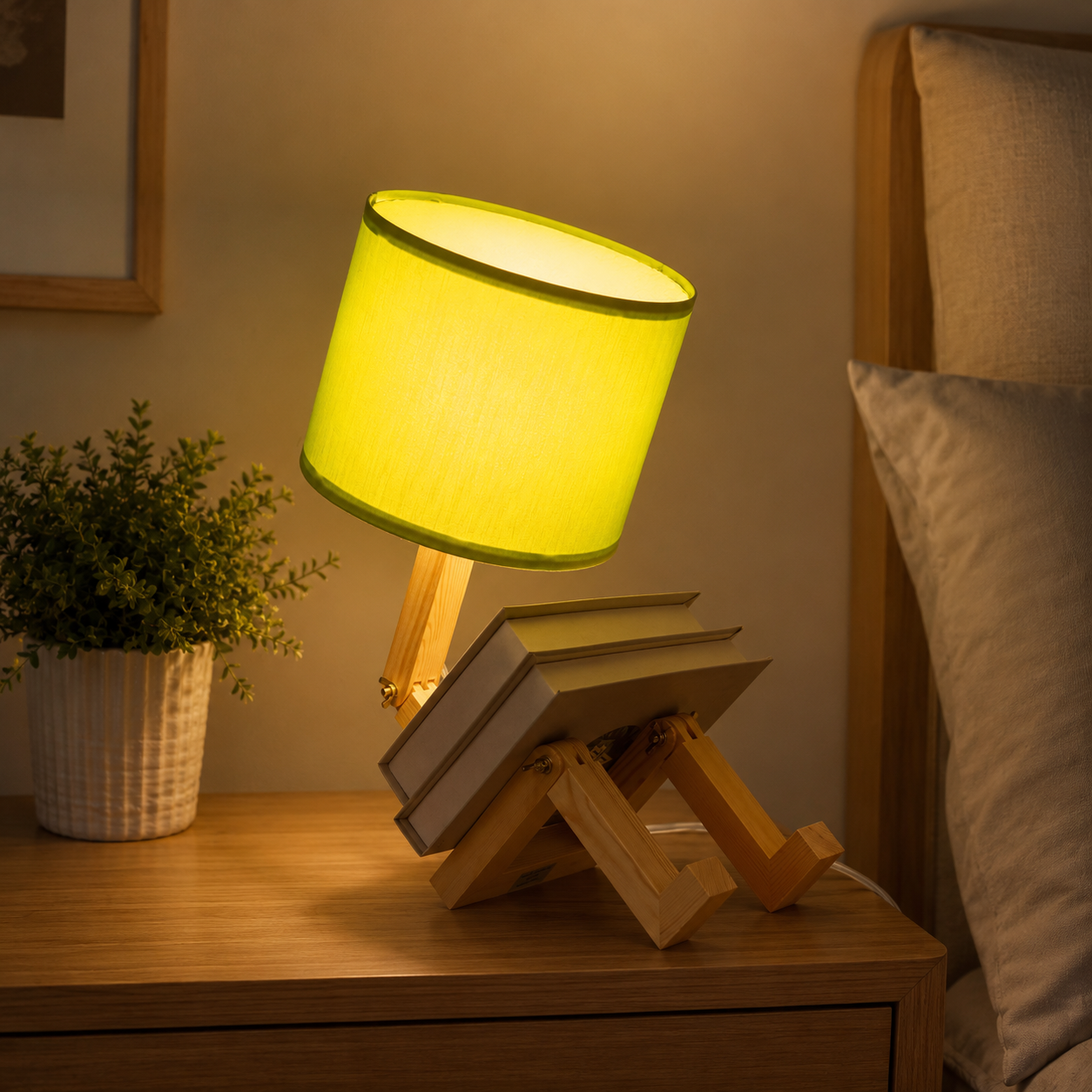 Una lámpara peculiar con pantalla verde lima está en una mesita de noche de madera, apoyada en libros.