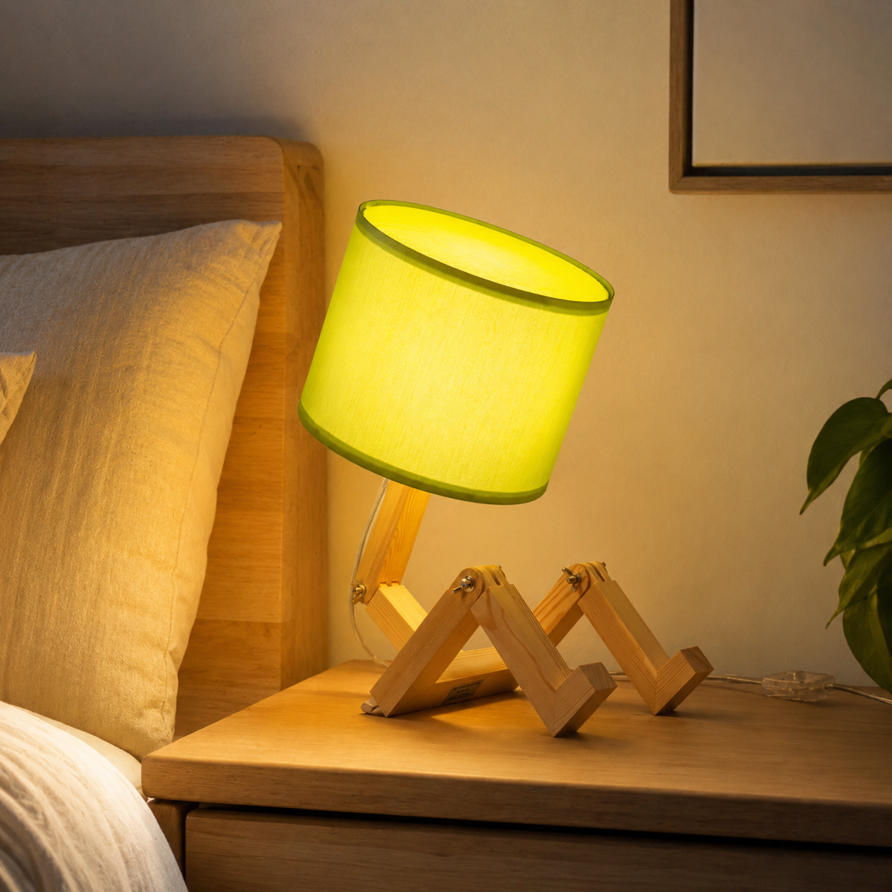 Lámpara de escritorio verde con patas de madera en una mesita de noche junto a una cama.