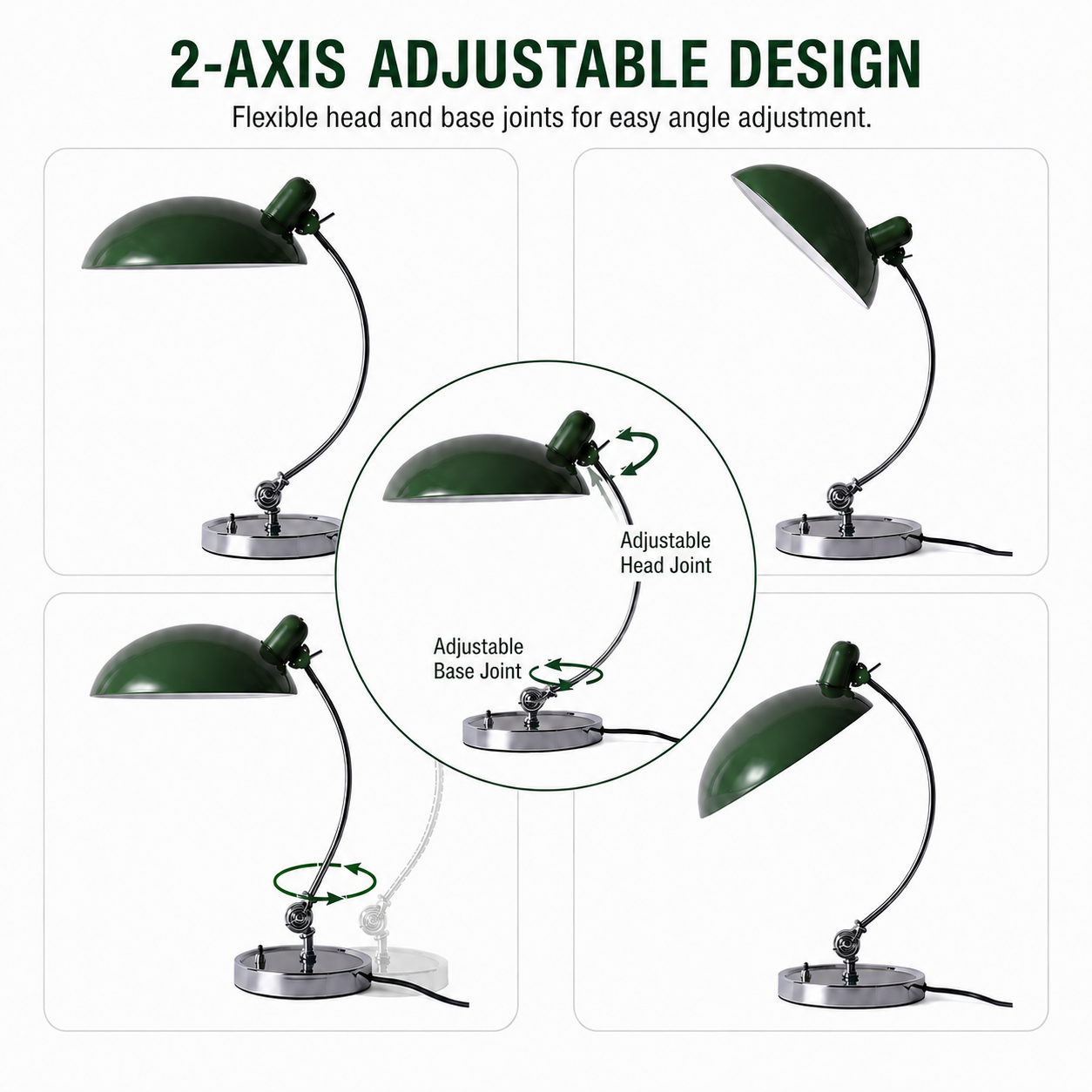 Lámpara de escritorio verde con cabeza y base ajustables.