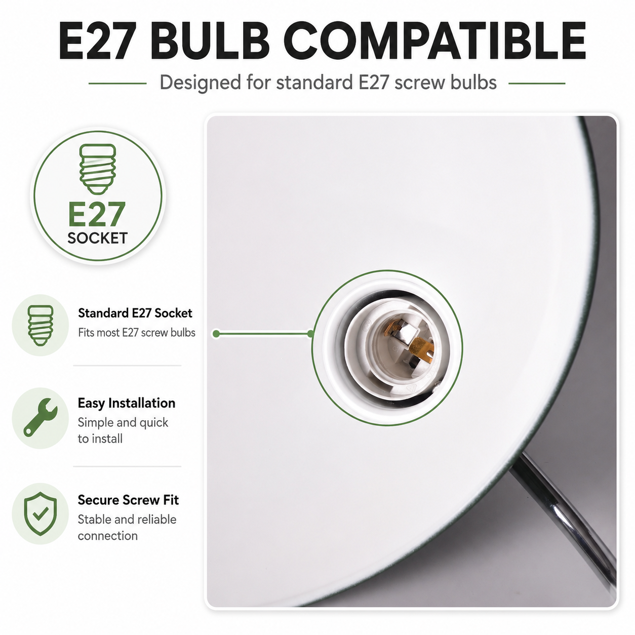 Bombilla E27 compatible. Enchufe E27 estándar, fácil instalación, ajuste seguro.