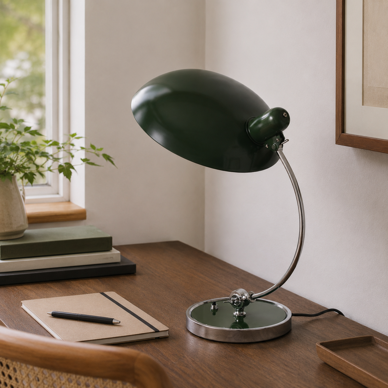 Lámpara de escritorio verde oscuro sobre un escritorio de madera con cuaderno y libros.