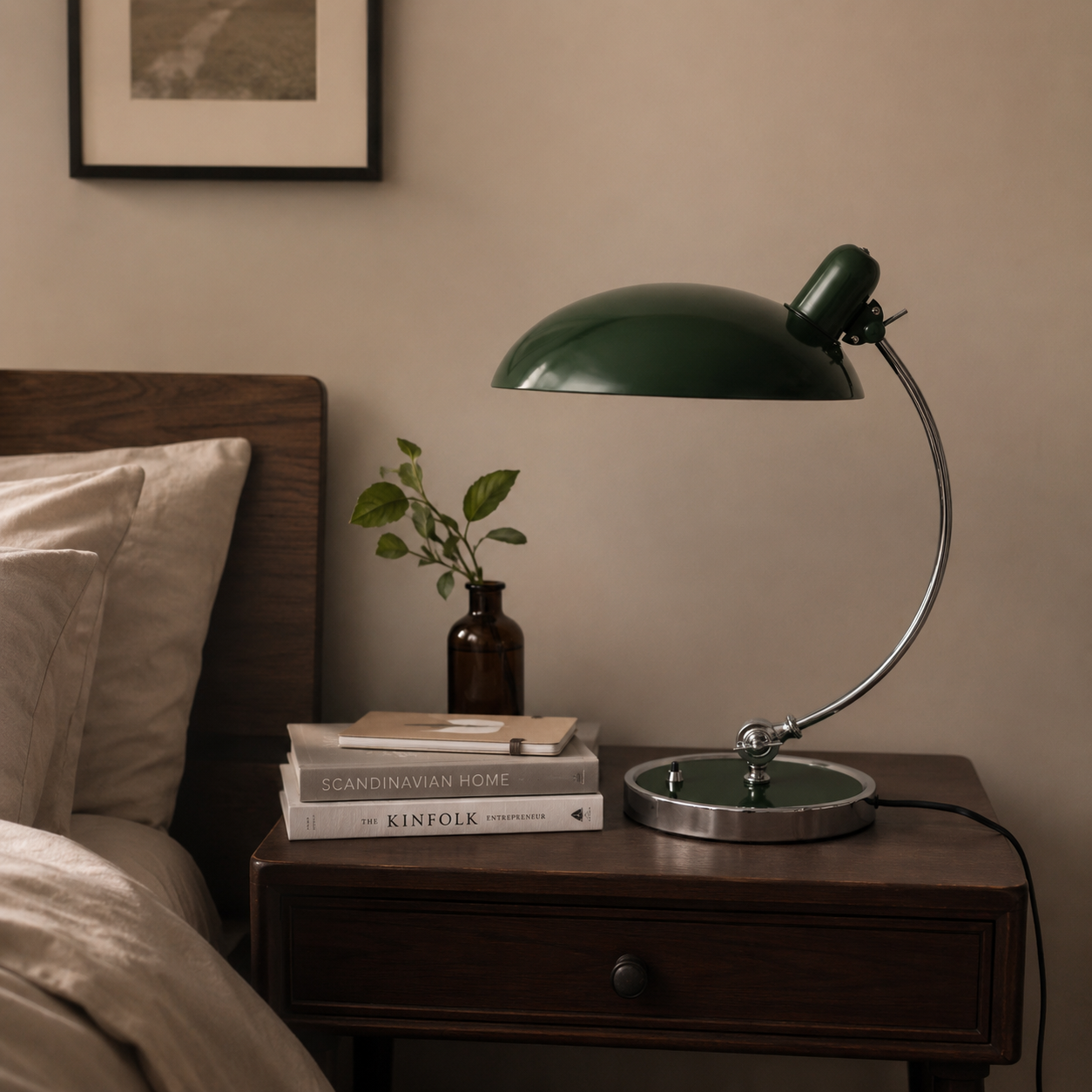 Una lámpara de escritorio verde está sobre una mesita de noche junto a una cama.