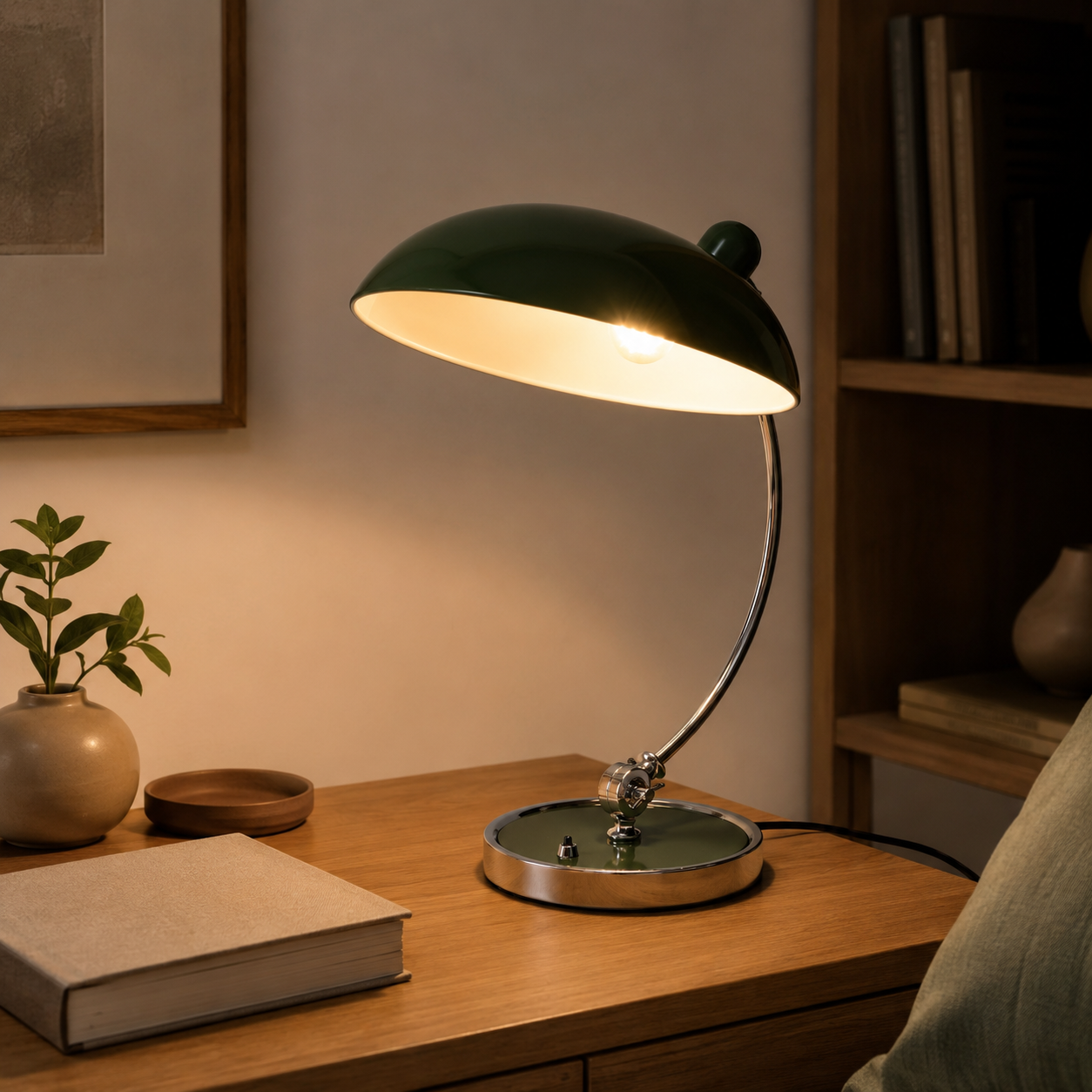 Una lámpara de escritorio verde brilla sobre un escritorio de madera junto a un libro y un jarrón.