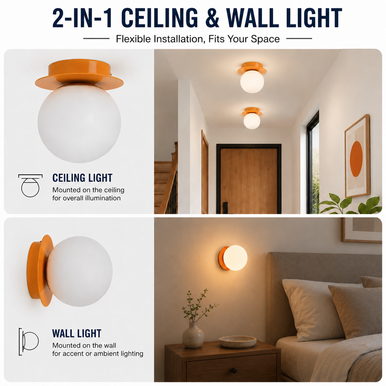 Luz de techo y pared naranja y blanca que muestra diferentes opciones de instalación.