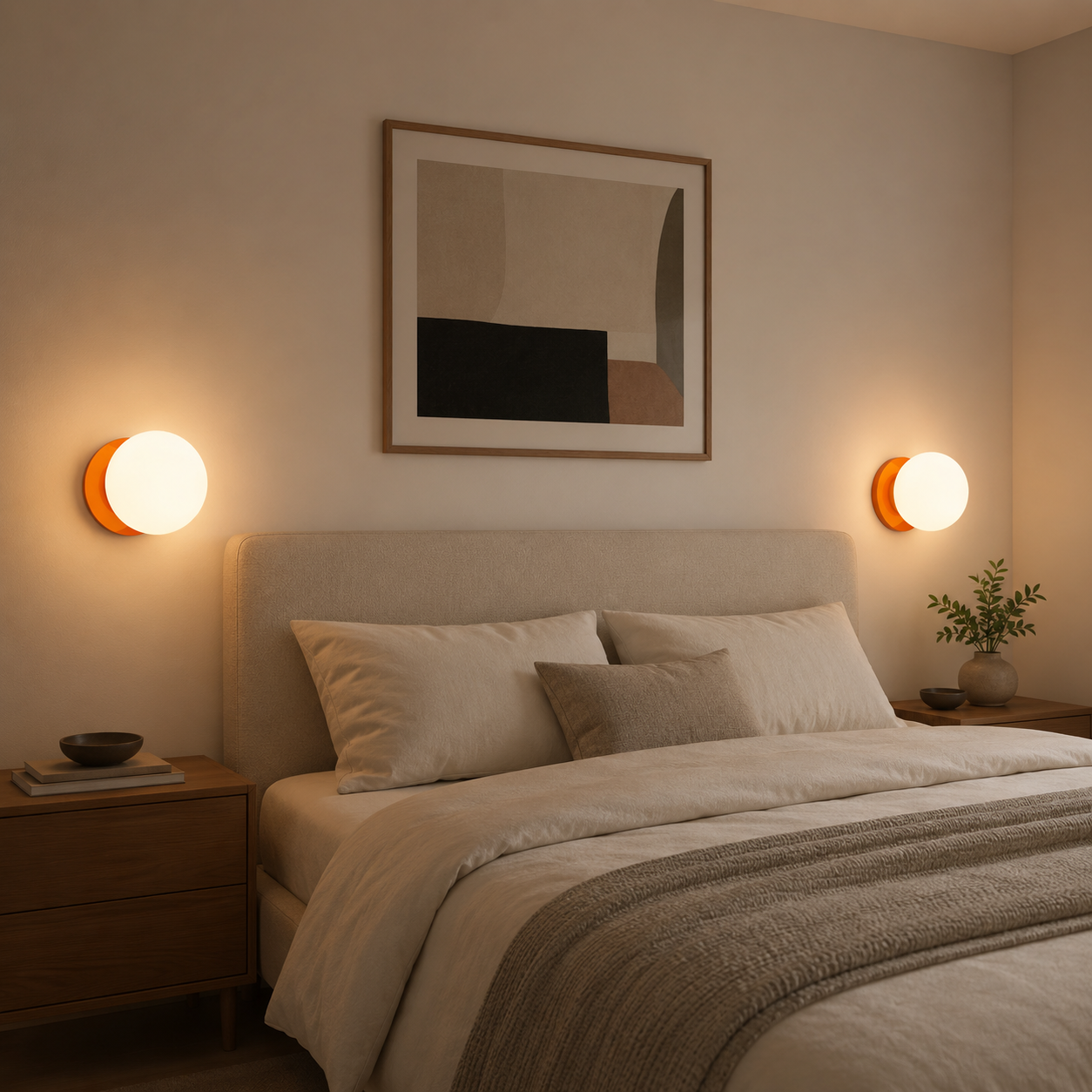 Un dormitorio con cama, dos mesitas de noche, apliques de pared y un cuadro.