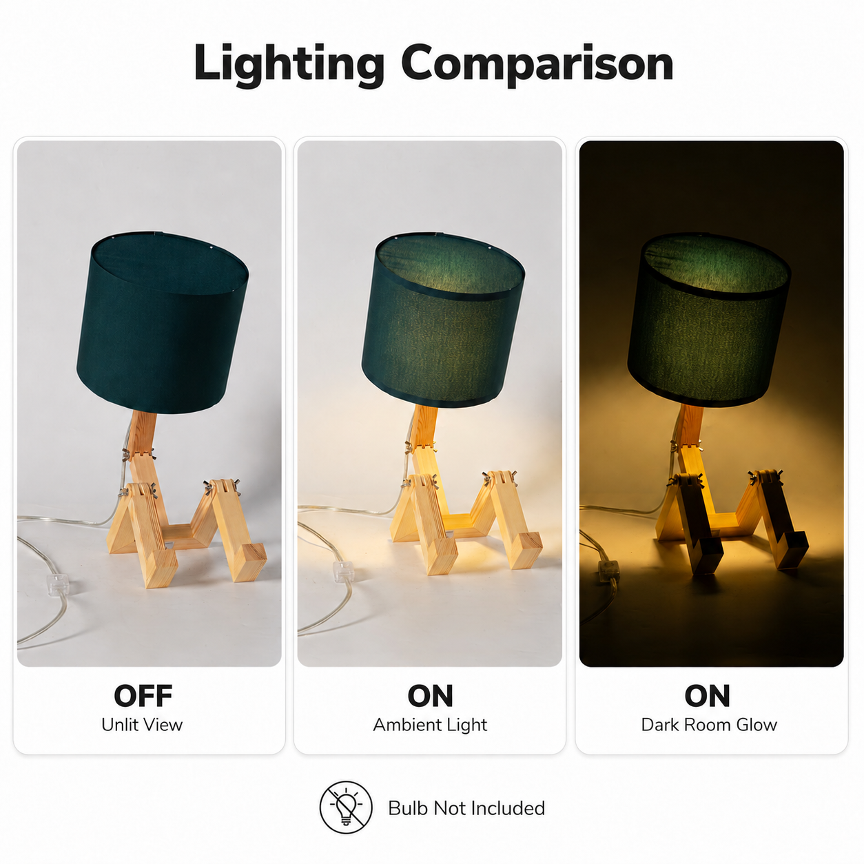 Comparación de iluminación: lámpara apagada, con luz ambiental y brillo en habitación oscura.