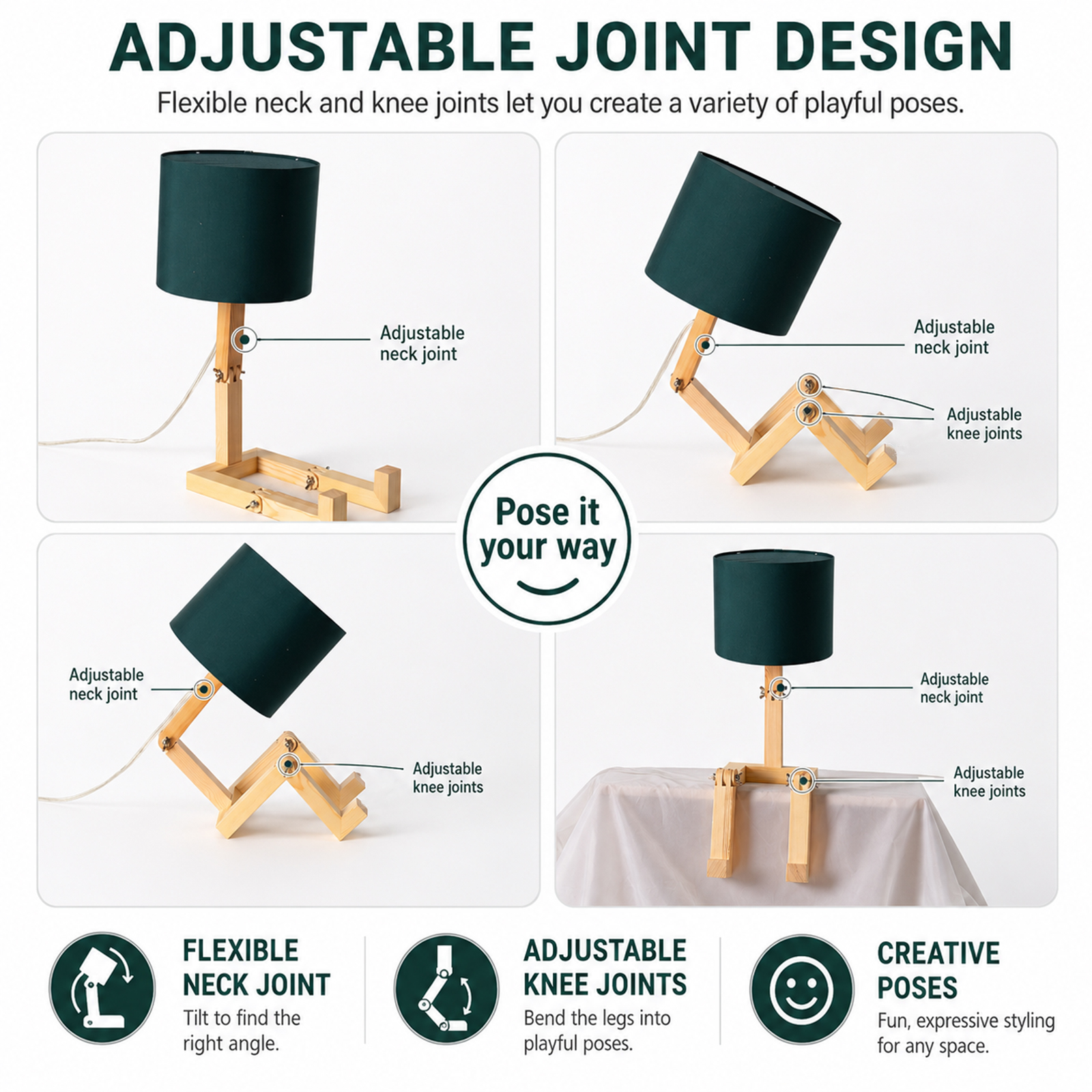 Una lámpara de mesa con juntas de cuello y rodilla ajustables en varias poses.