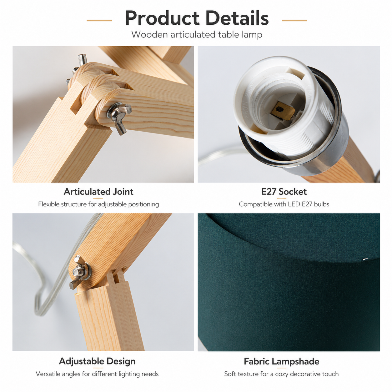Detalles de lámpara de mesa articulada de madera: junta, portalámparas E27, diseño ajustable, pantalla.
