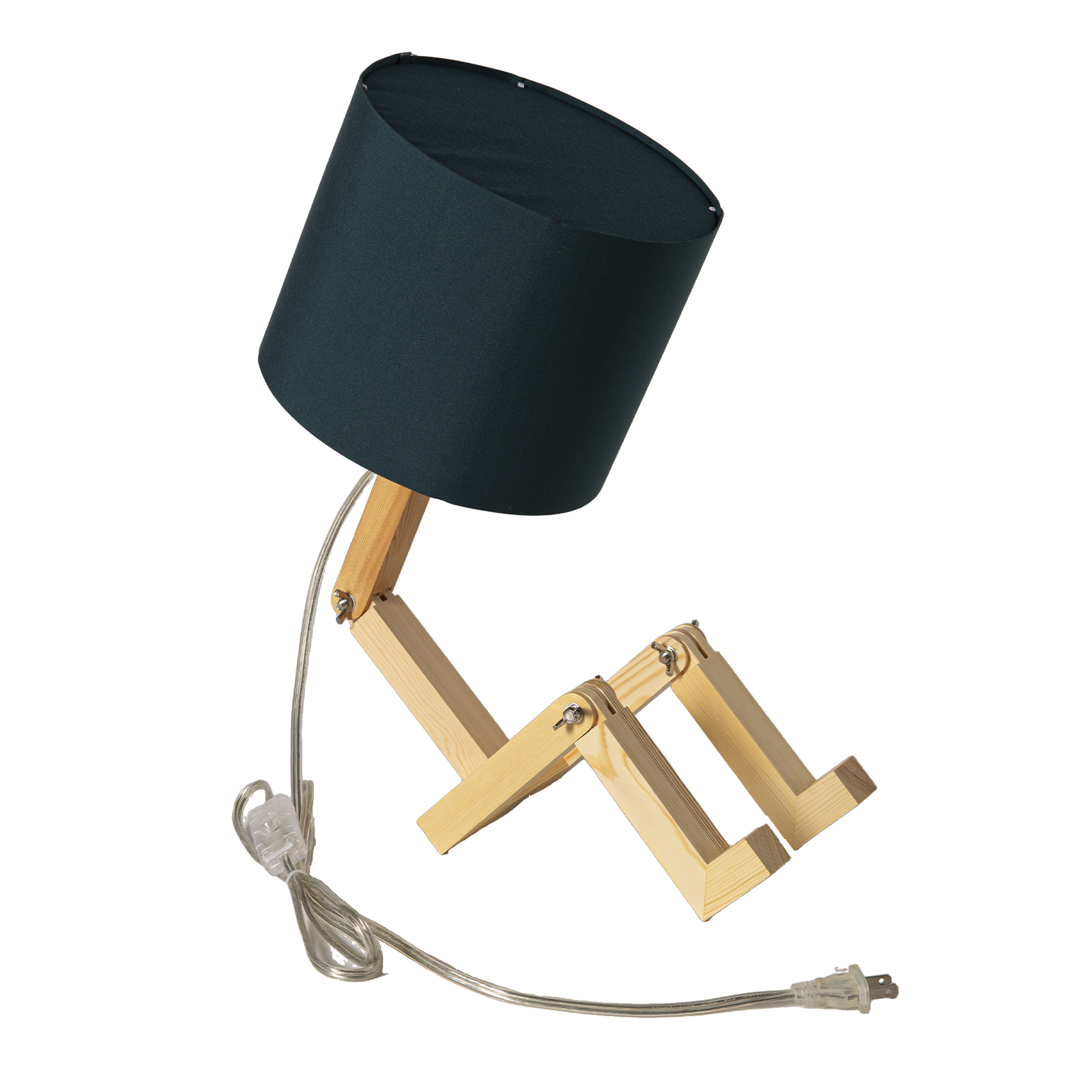 Lámpara verde oscuro con base de madera en forma de persona y cable.