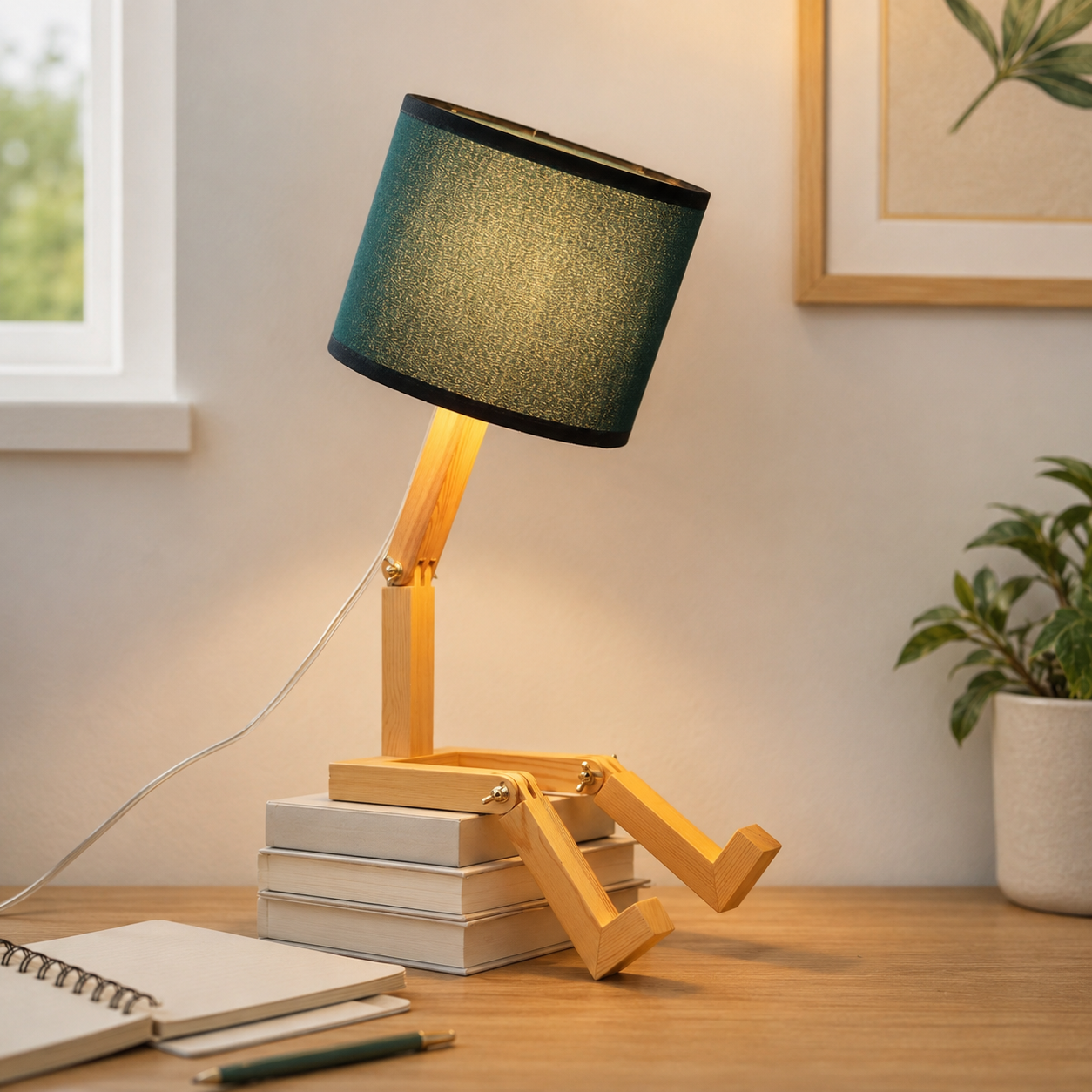 Una lámpara de escritorio de madera con pantalla verde se sienta sobre libros.