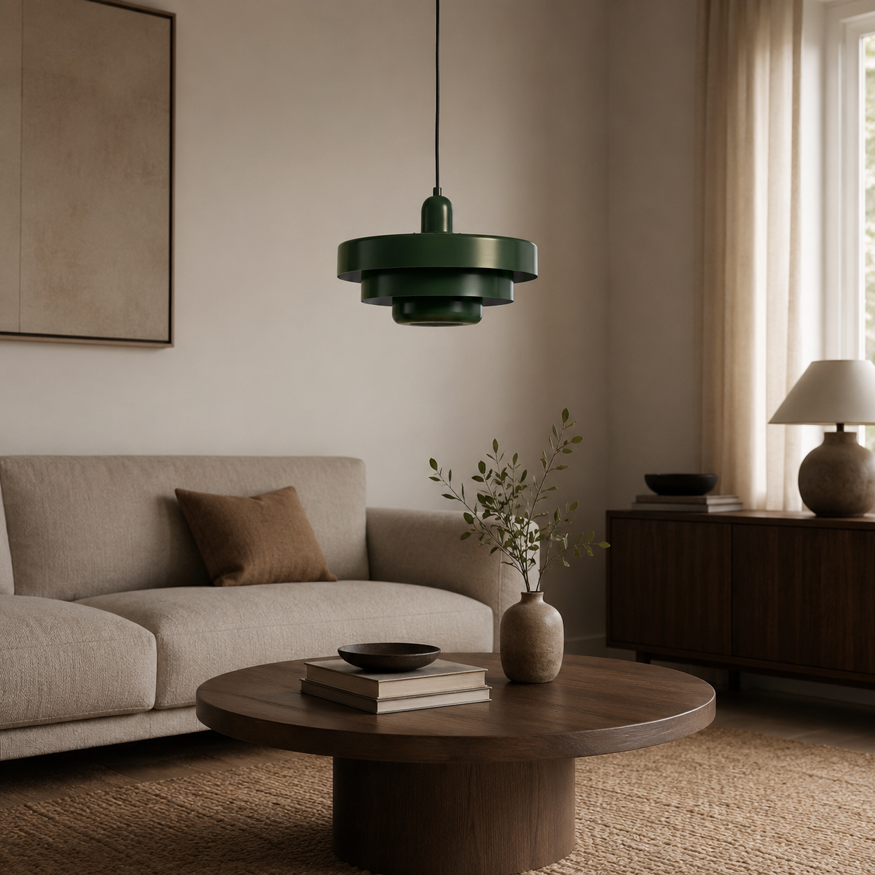 Una lámpara colgante verde cuelga sobre una mesa de madera con libros y un jarrón.