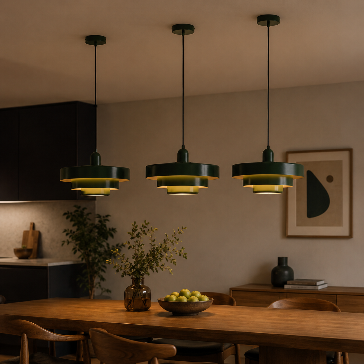 Tres lámparas colgantes verdes sobre una mesa de comedor de madera.
