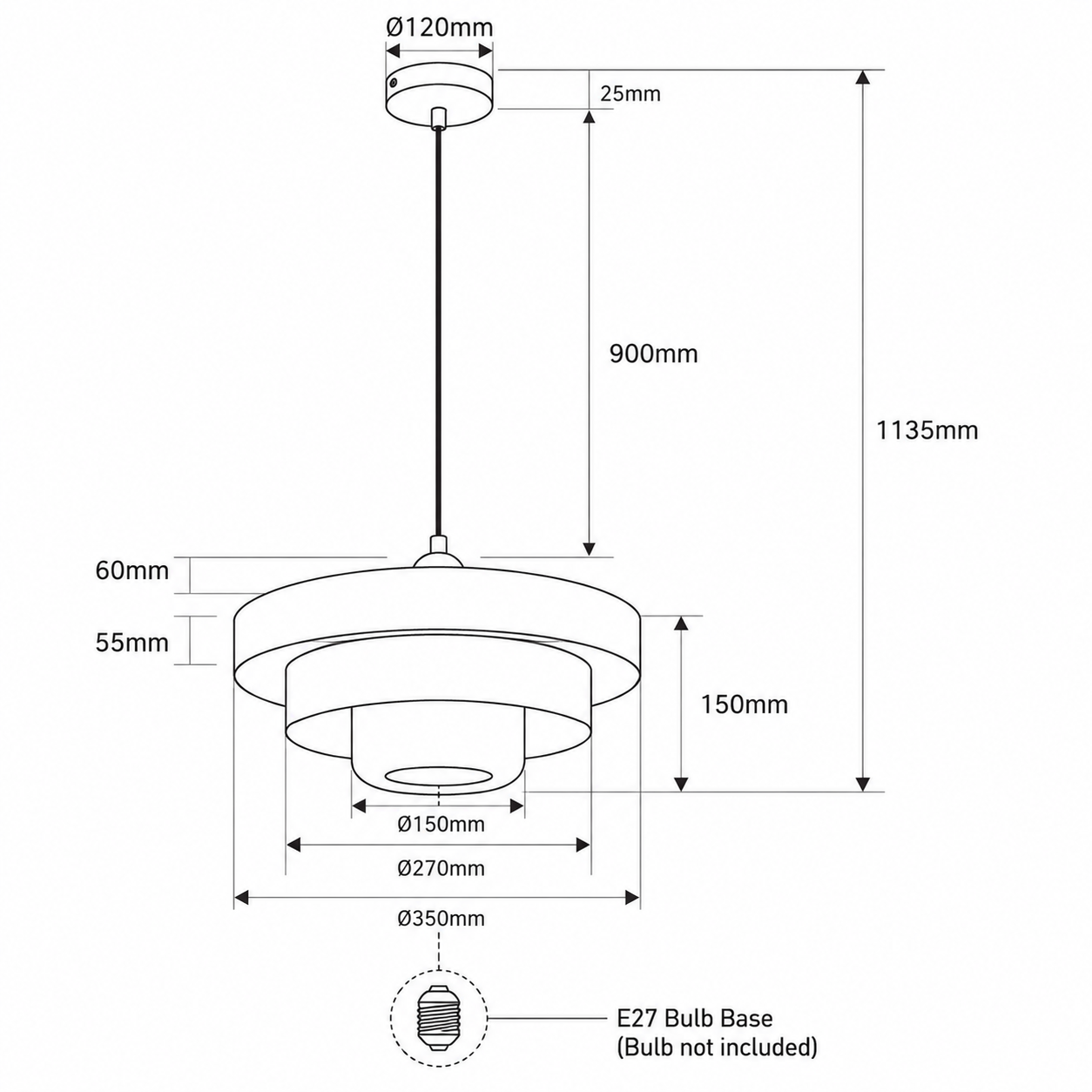 Dibujo técnico de una lámpara colgante con dimensiones mostradas. Portalámparas E27.