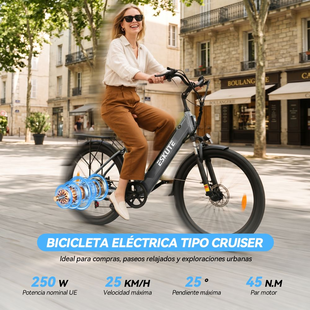 Mujer monta bicicleta E-Cruiser gris en ciudad. Se muestran motor y especificaciones.