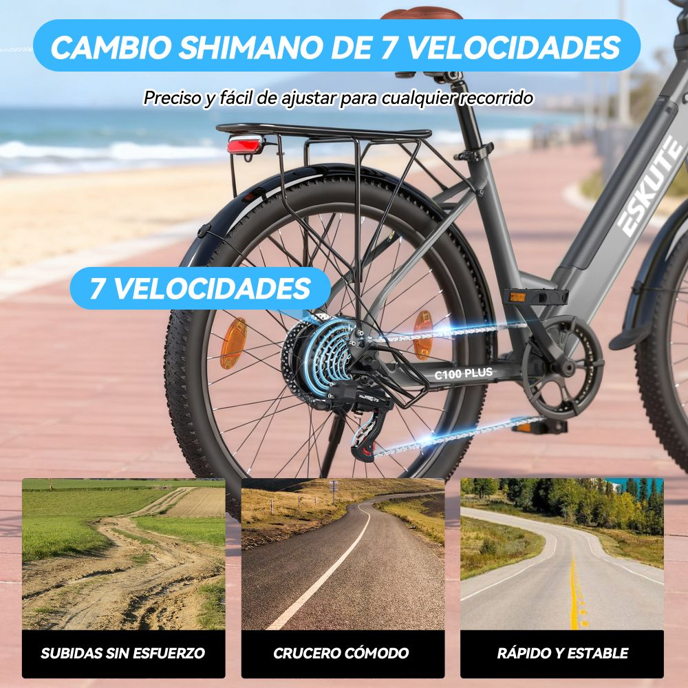 Bicicleta gris de 7 velocidades, vista de cerca de los engranajes y cadena.