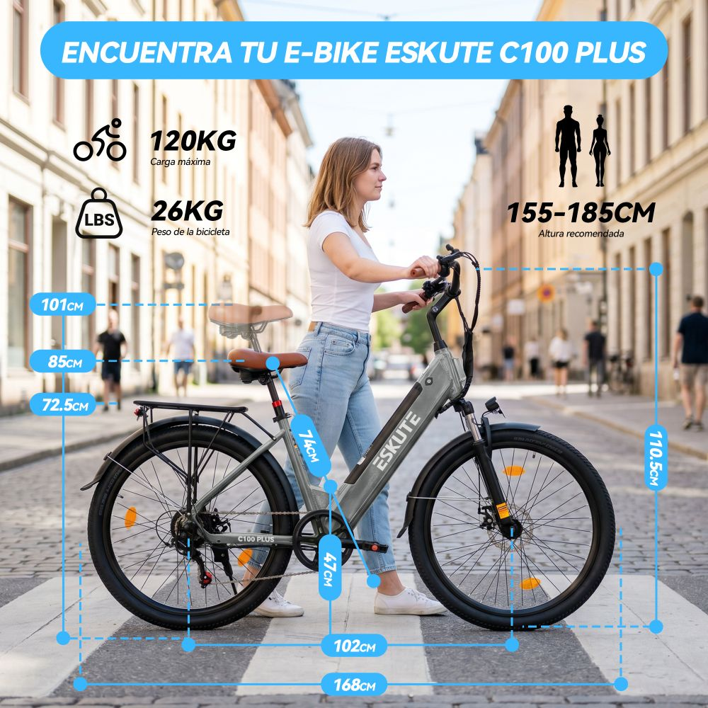 E-bike gris con mujer, dimensiones: 120kg carga, 26kg peso, 155-185cm altura.