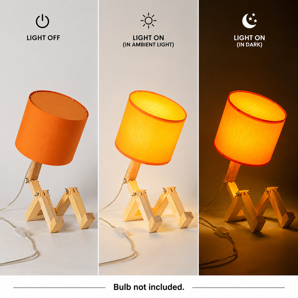 Diseño de lámpara de mesa de madera en tres estados: apagada, encendida con luz ambiental, encendida en la oscuridad.
