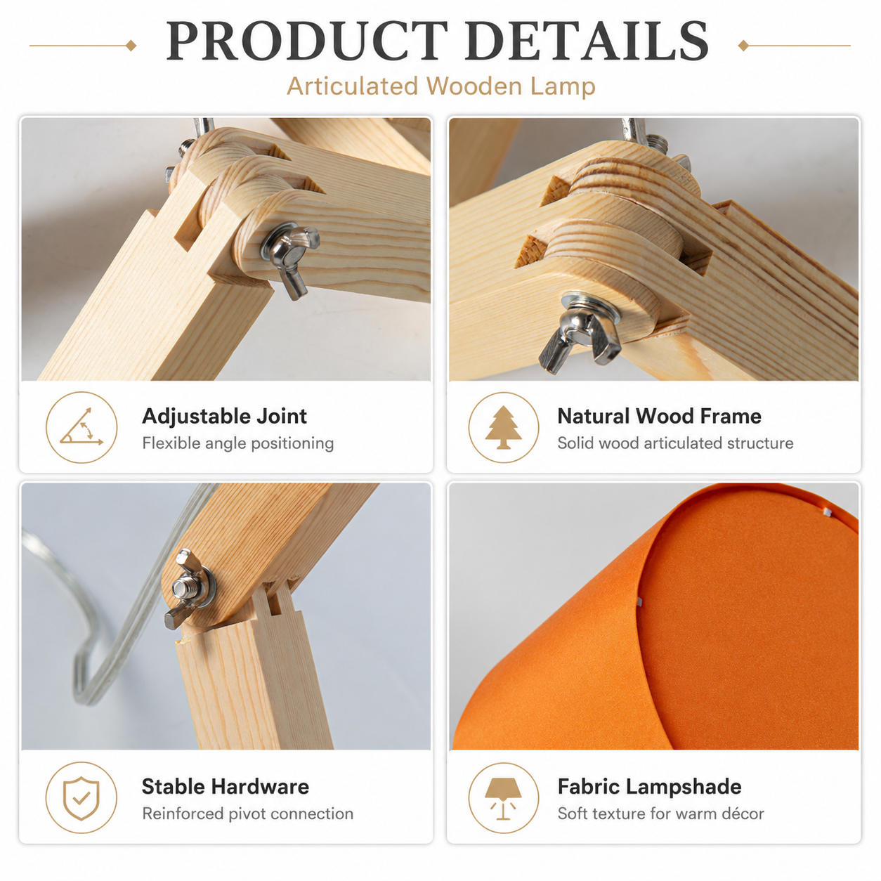 Imagen del producto de detalles de lámpara de madera articulada, mostrando juntas, marco de madera, herrajes y pantalla.