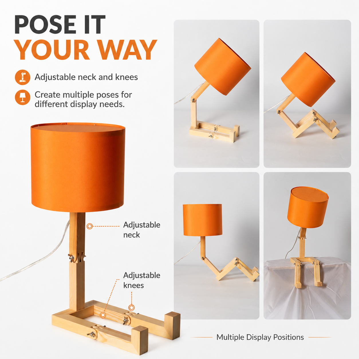 Lámpara de madera con pantalla naranja, ajustable en cuello y rodillas.