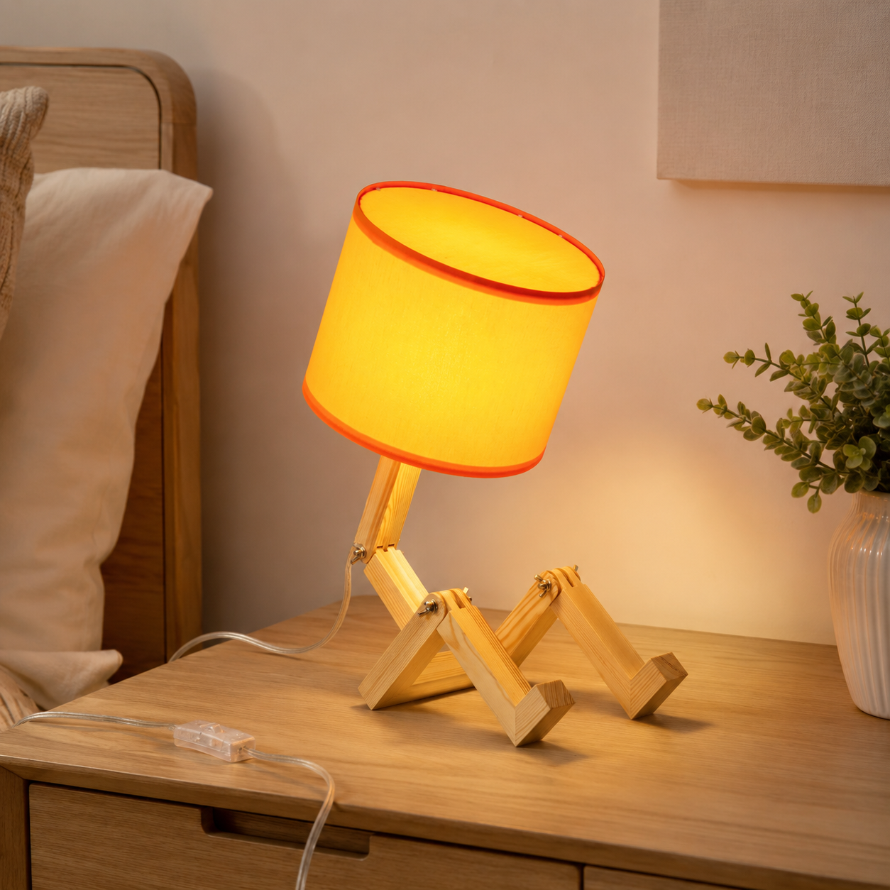Una lámpara robot de madera con pantalla amarilla está en una mesita de noche.