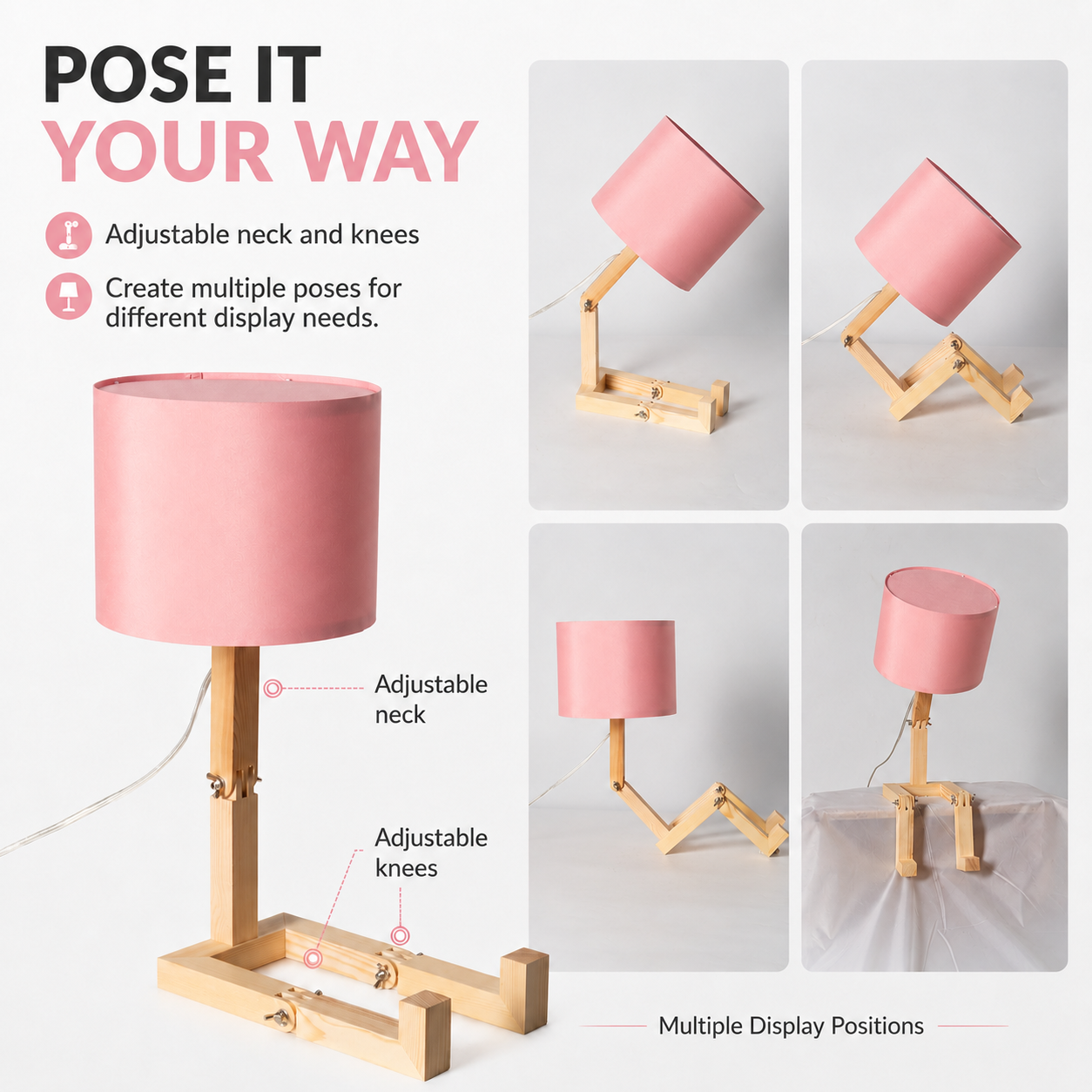 Lámpara de madera ajustable con pantalla rosa en varias poses.