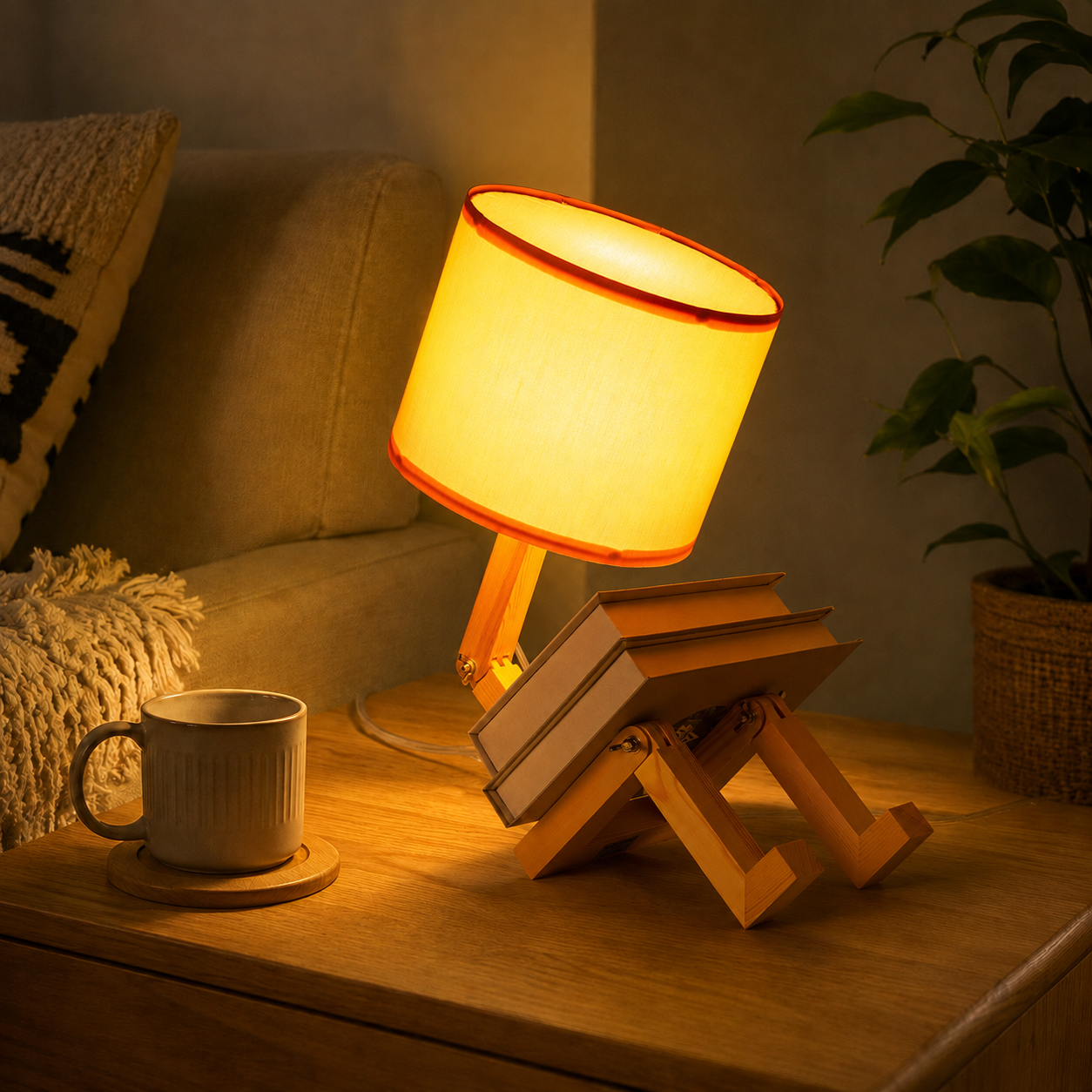 Un soporte de lámpara con forma de libro con una lámpara, situado en una mesita de noche.