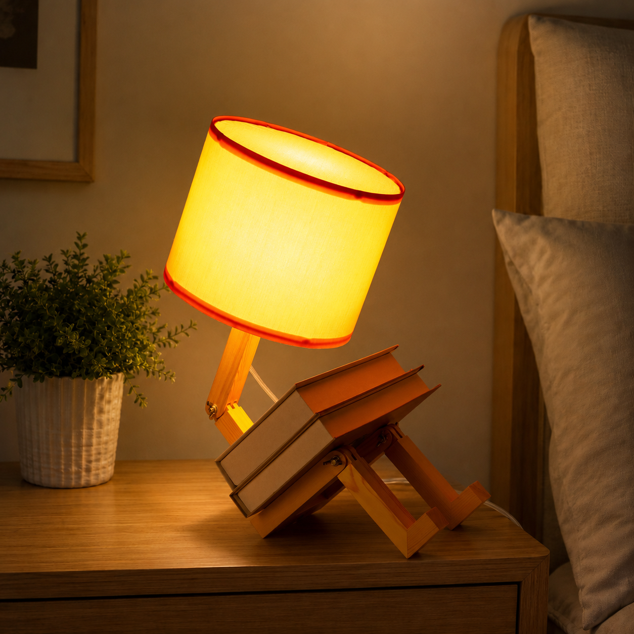 Lámpara con pantalla amarilla, sostenida por dos libros en una mesita de noche.