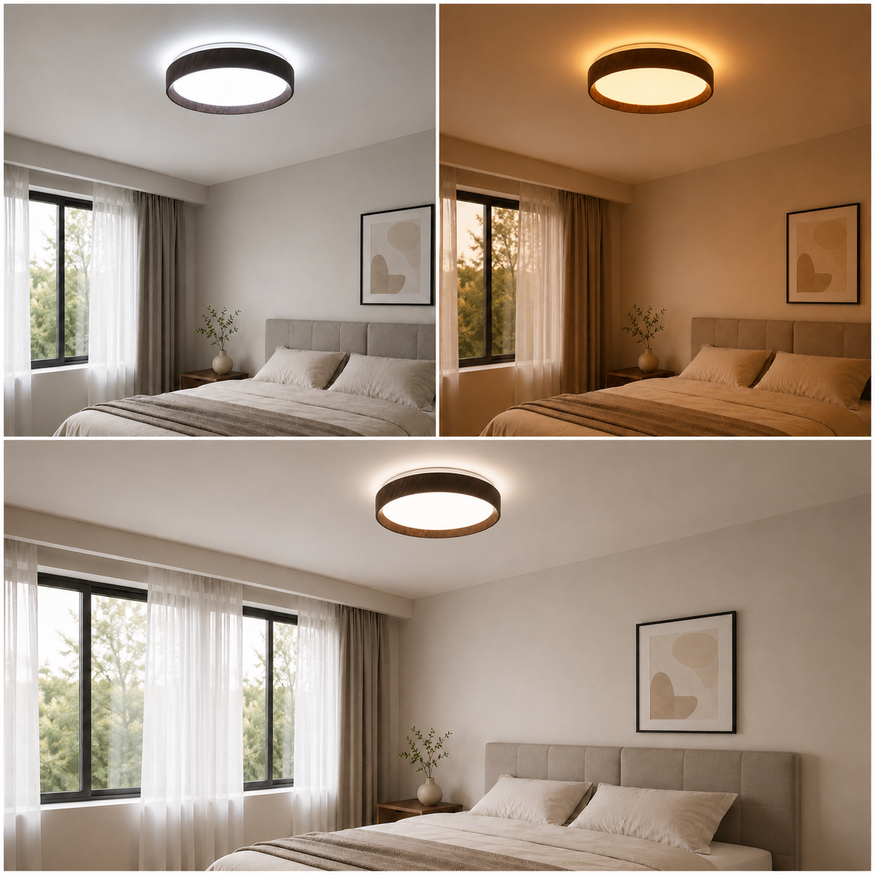 Un dormitorio con cama, ventanas y una lámpara de techo que muestra diferentes niveles de brillo.