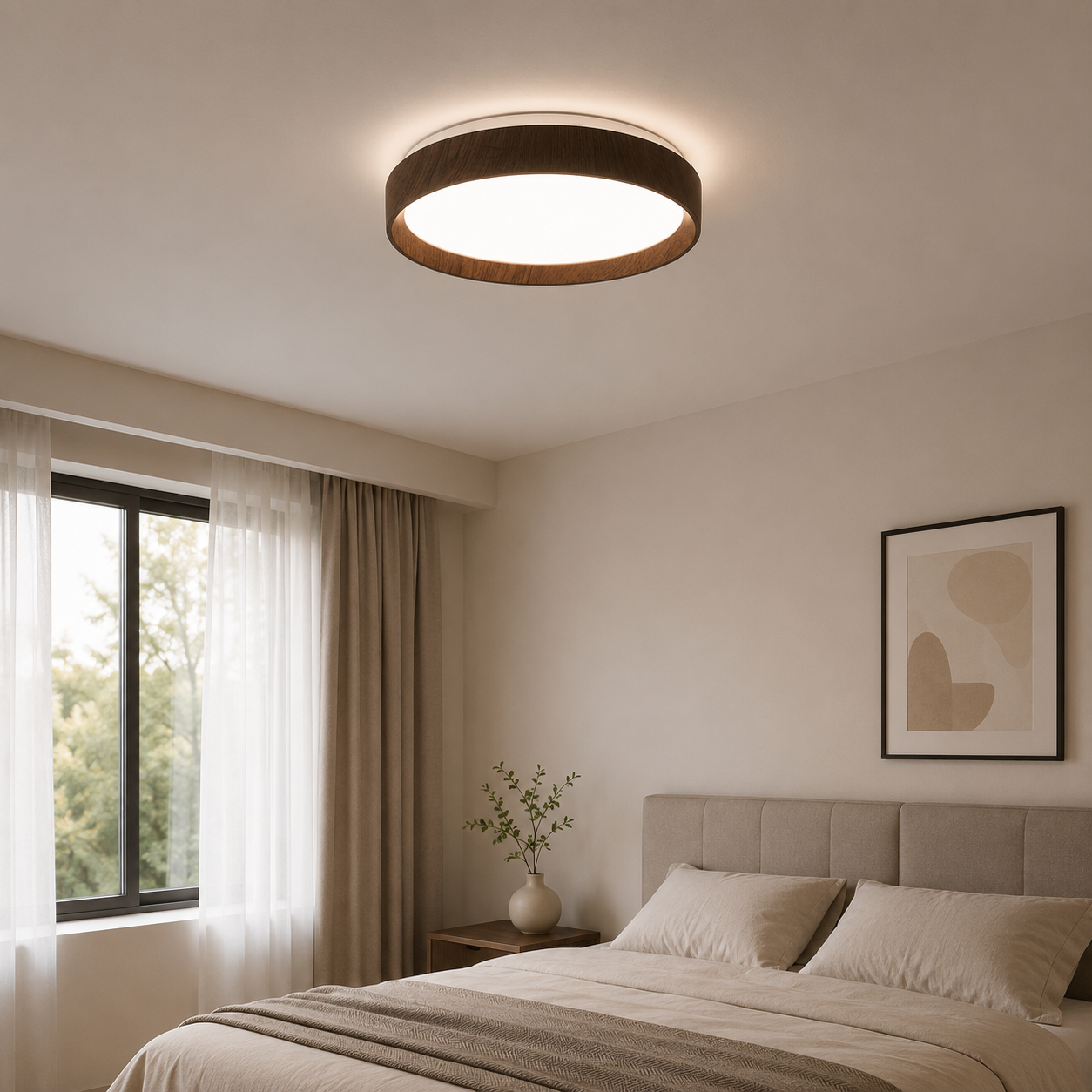 Un dormitorio con cama, mesita de noche, ventana y lámpara de techo.