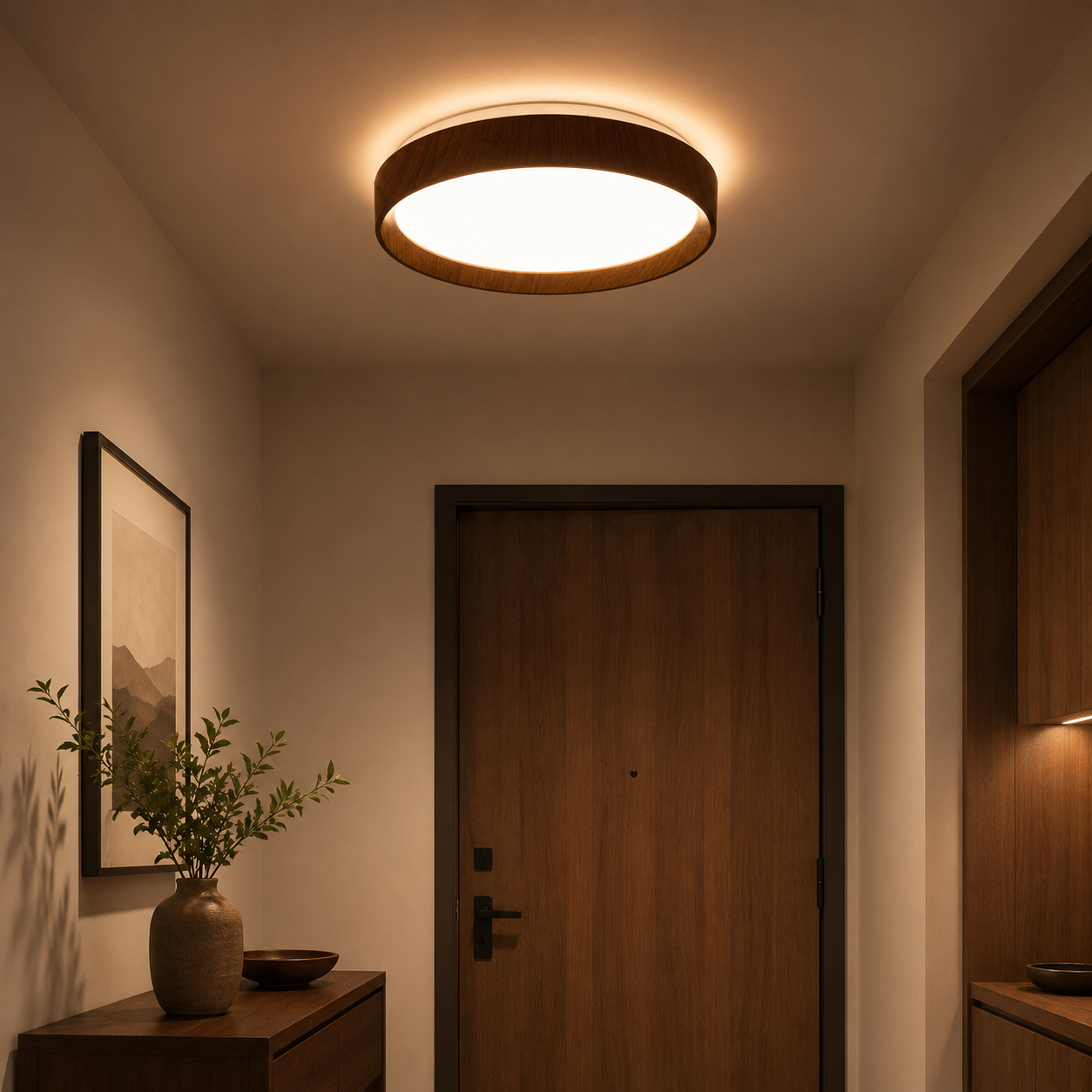 Pasillo de madera con puerta de madera, obra de arte y planta.