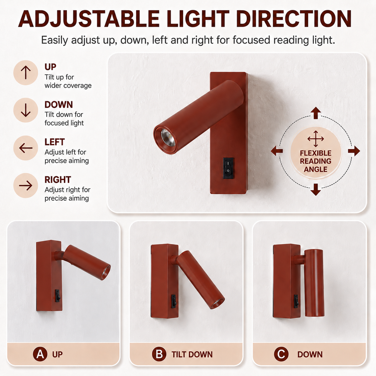 Lámpara de pared ajustable marrón, muestra opciones de ajuste para leer.