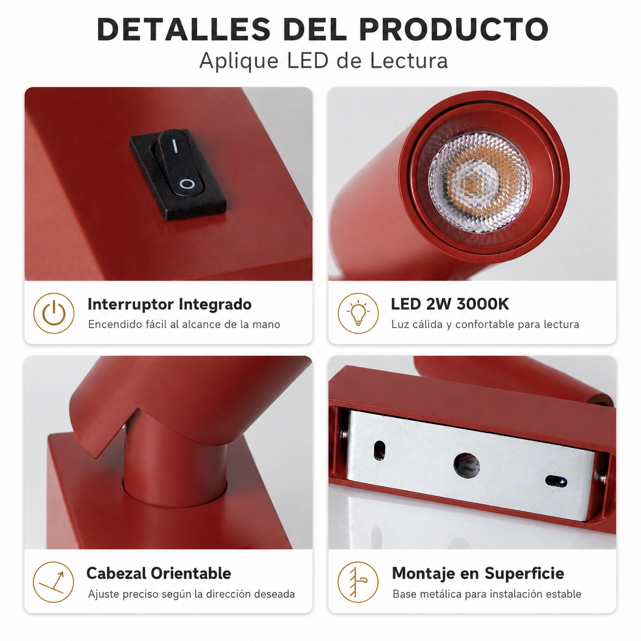 Luz de lectura roja con interruptor, cabezal orientable y montaje en superficie.