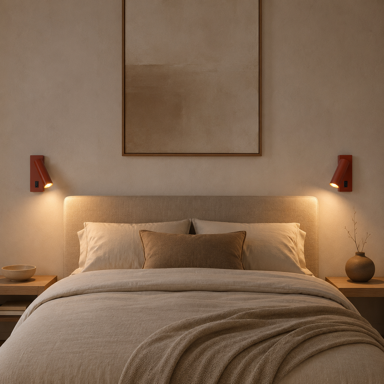 Una cama doble con ropa de cama y almohadas beige bajo un cuadro.