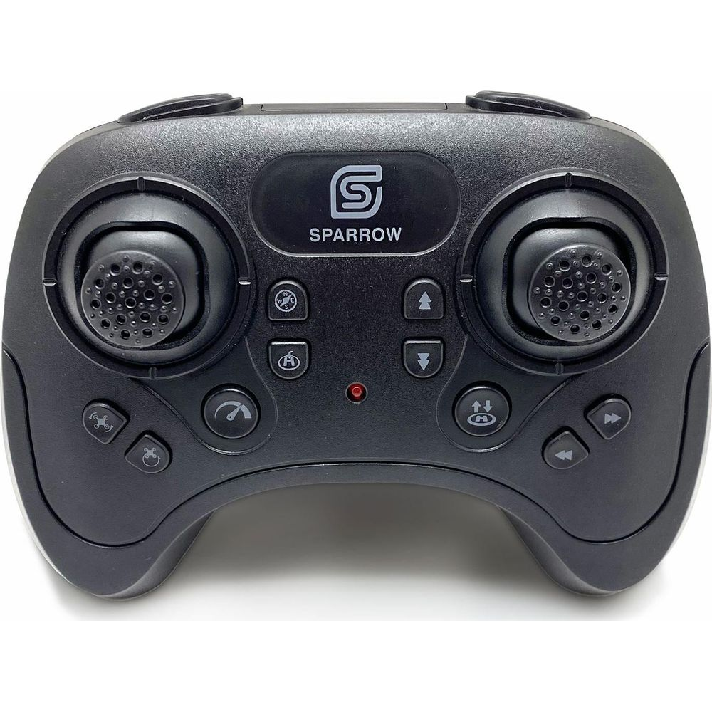 Un controller per droni nero con due joystick, pulsanti e logo 'SPARROW'.