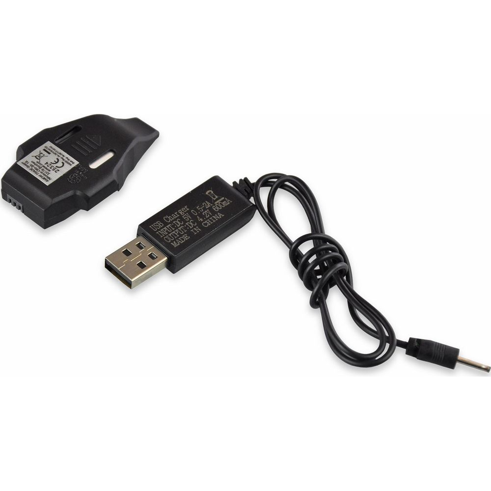Caricatore USB nero con cavo e spina su sfondo bianco.