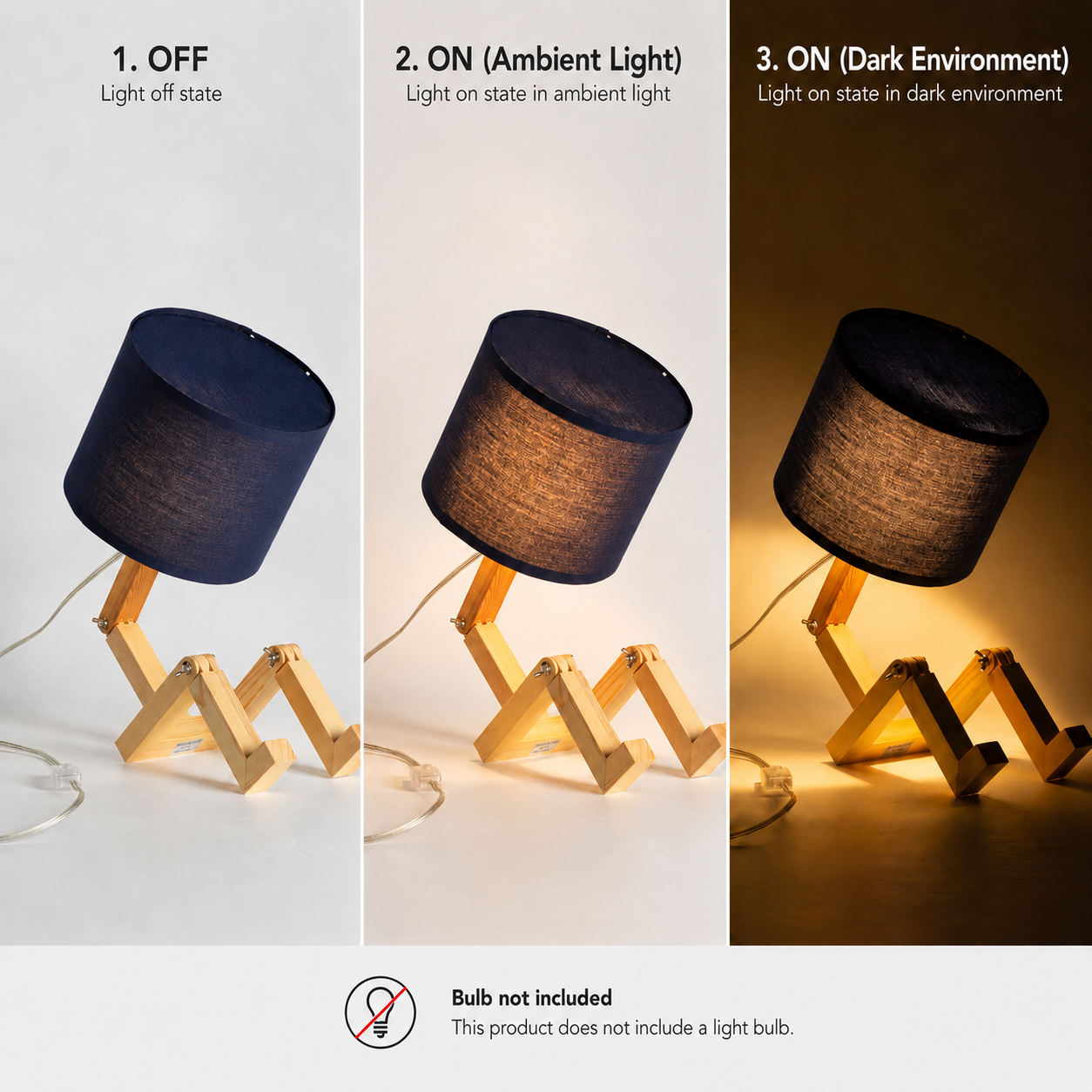 Diseño de lámpara articulada de madera, se muestra apagada, con luz ambiental y en oscuridad.