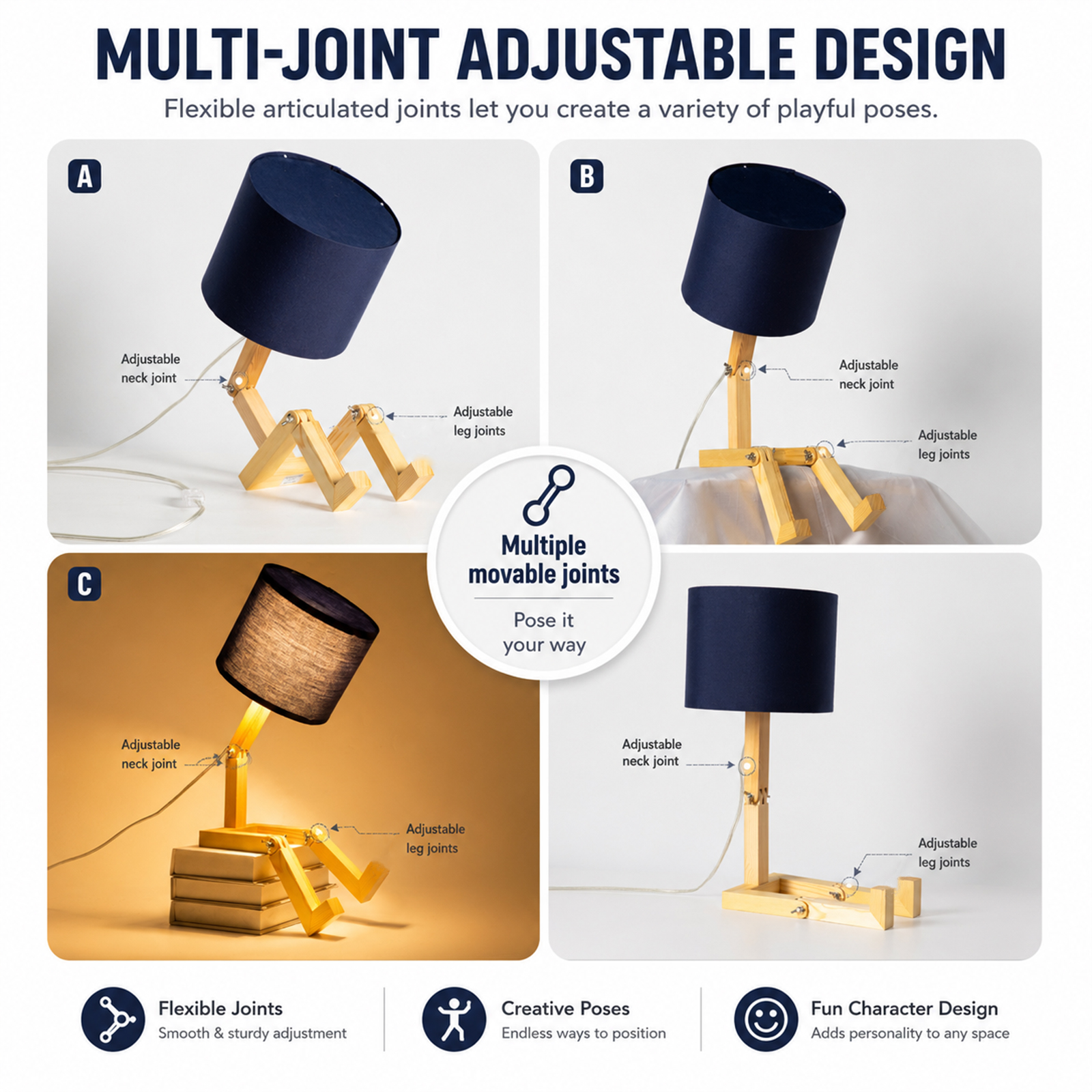 Diseño de lámpara con juntas ajustables para varias poses.