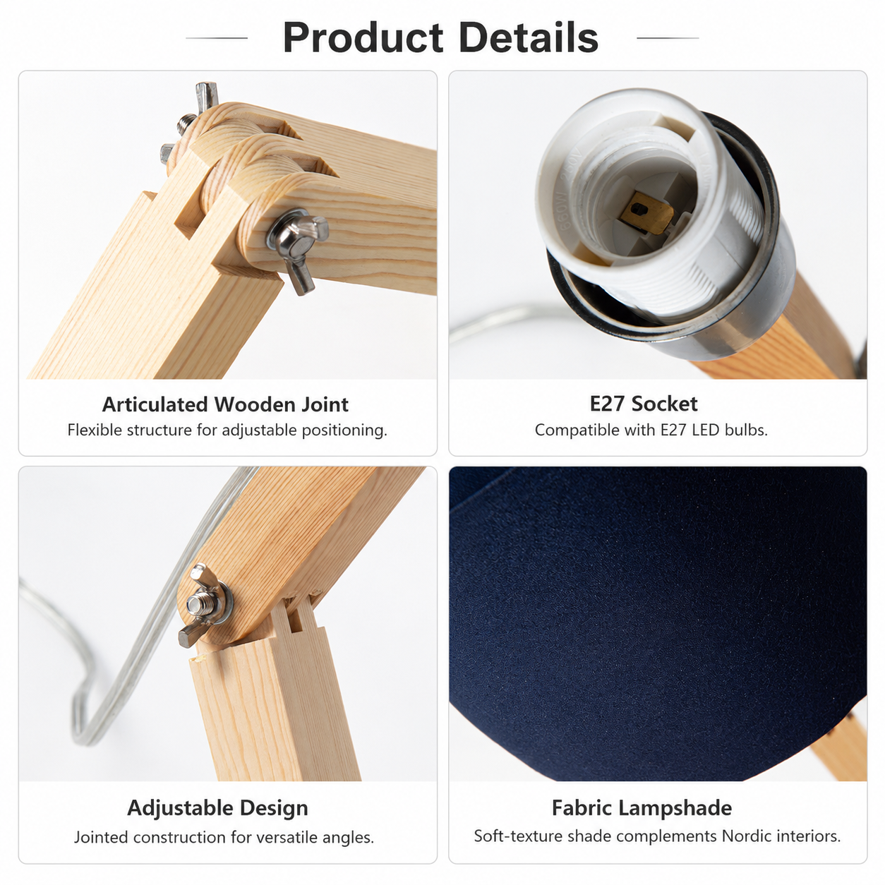 Detalles del producto: Junta de madera, casquillo E27, diseño ajustable, pantalla de tela.